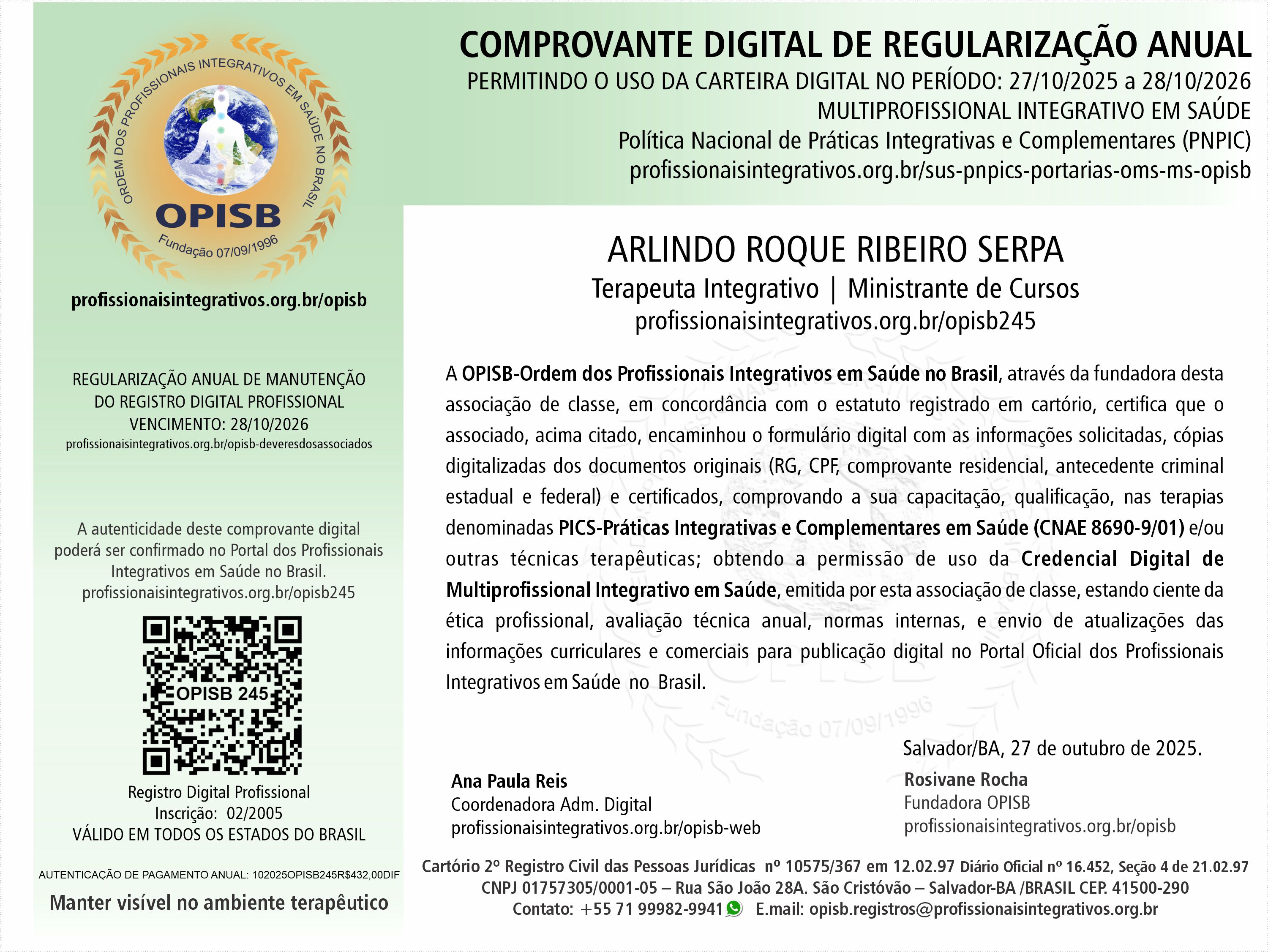 OPISB 245 Arlindo Serpa  Comprovante Digital de Regularização Anual