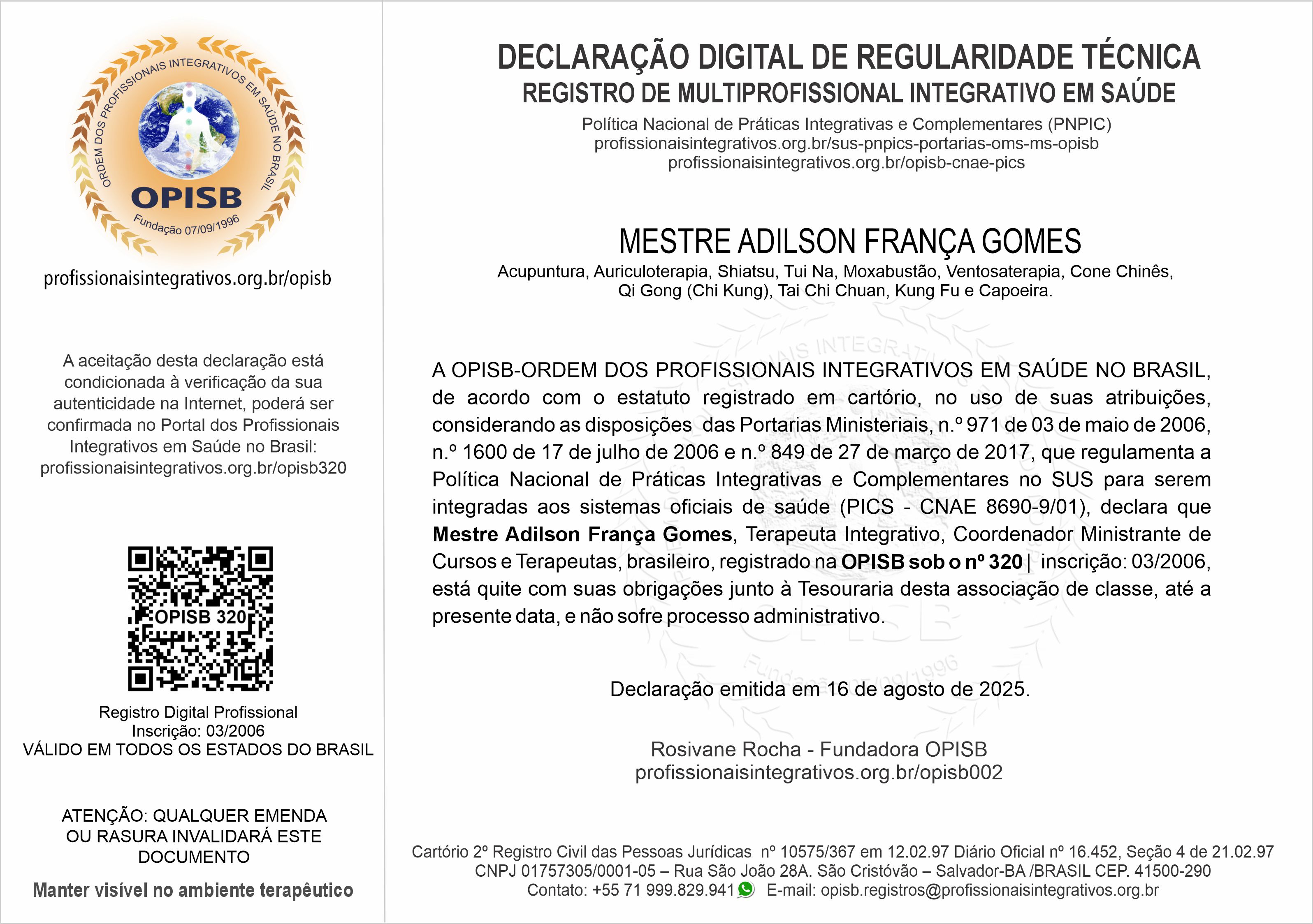 OPISB 320 Declaração Digital de Regularidade Técnica