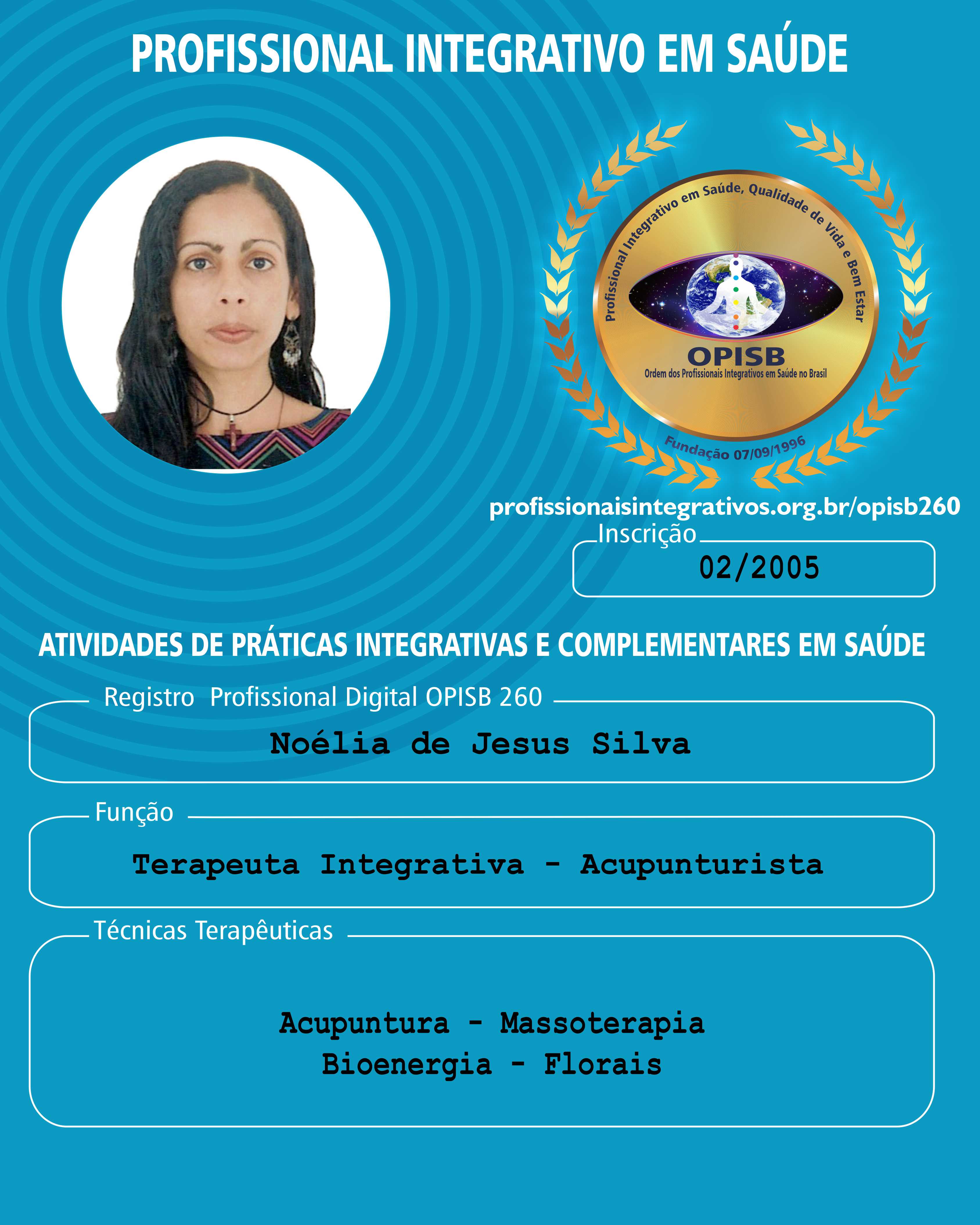 OPISB 260 NOÉLIA DE JESUS SILVA CARTÃO DE DIVULGAÇÃO PROFISSIONAL INTEGRATIVO EM SAÚDE frente