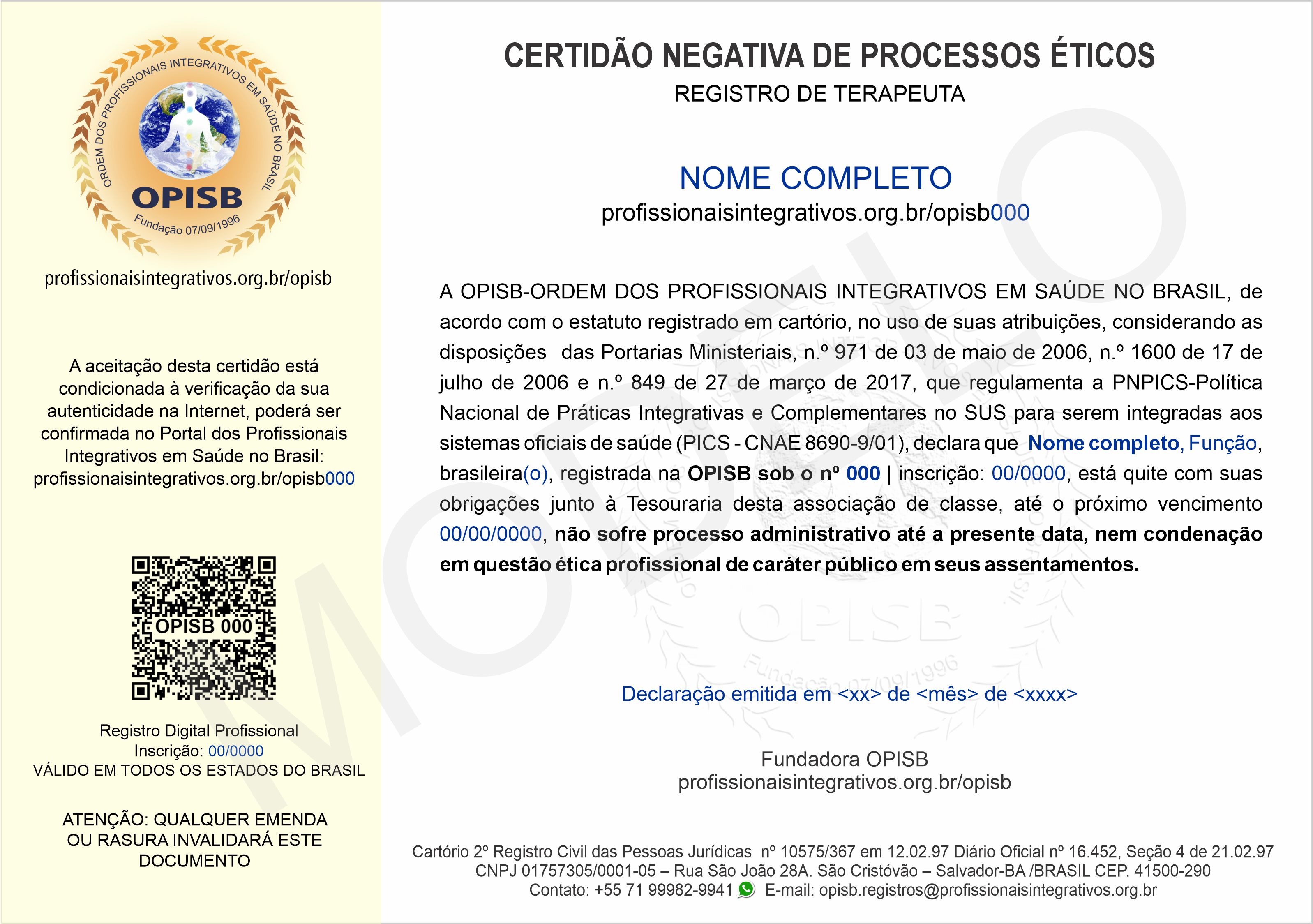 OPISB 000 Certidão Negativa de Processos Éticos