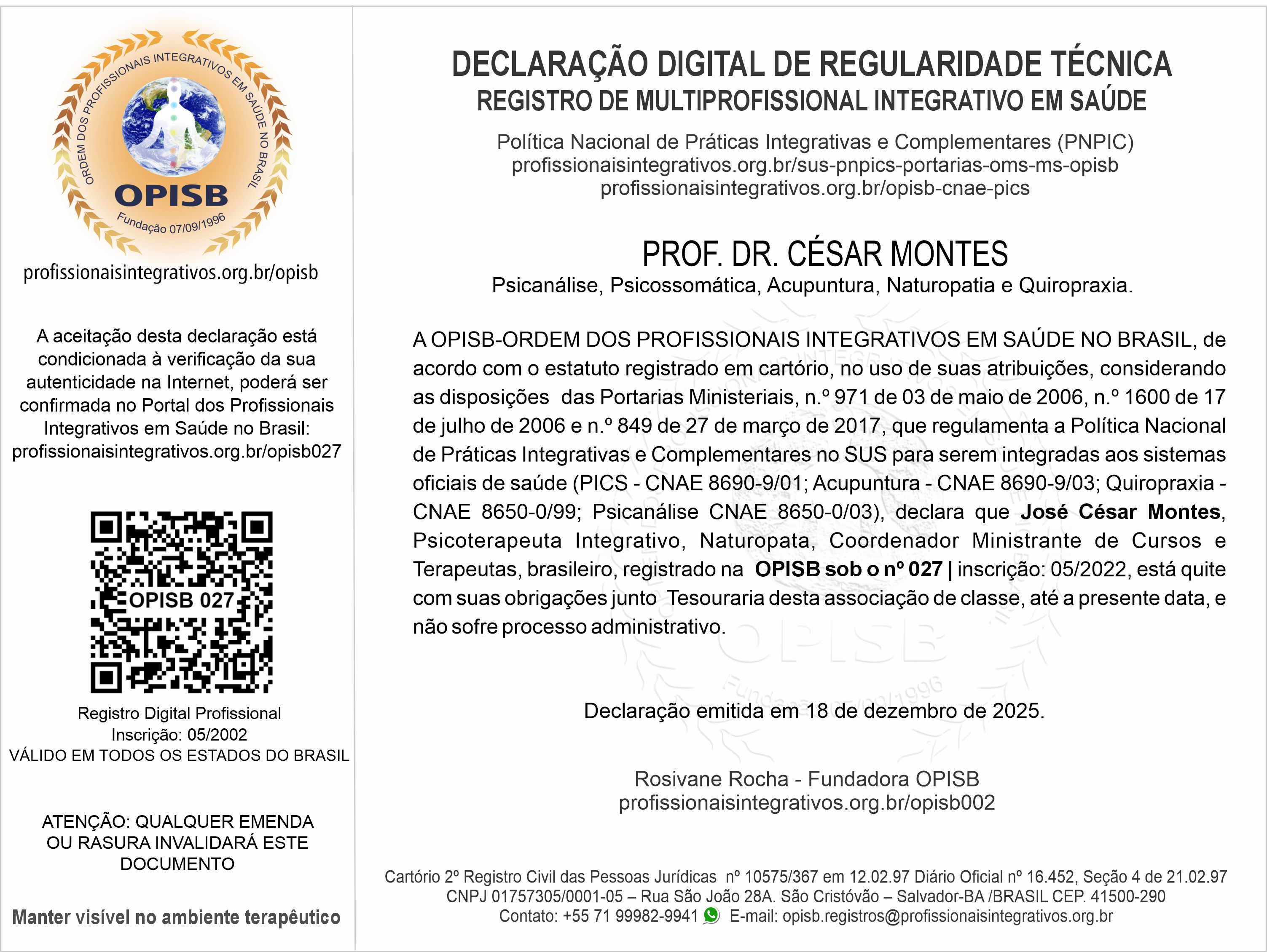 OPISB   Prof. Dr. César Montes 027 Declaração Digital de Regularidade Técnica