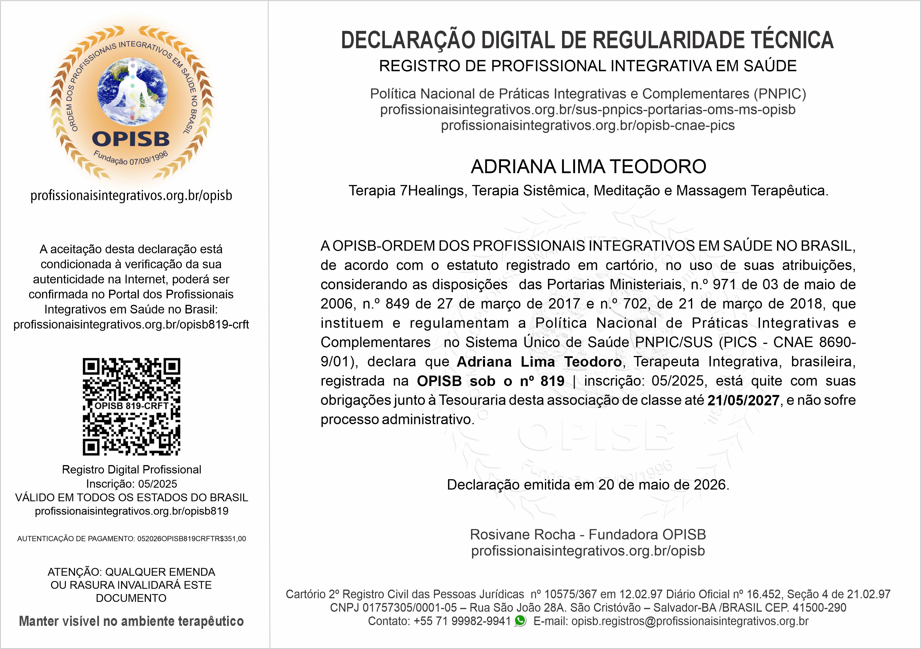 OPISB 819 Adriana Lima Declaração Digital de Regularidade Técnica