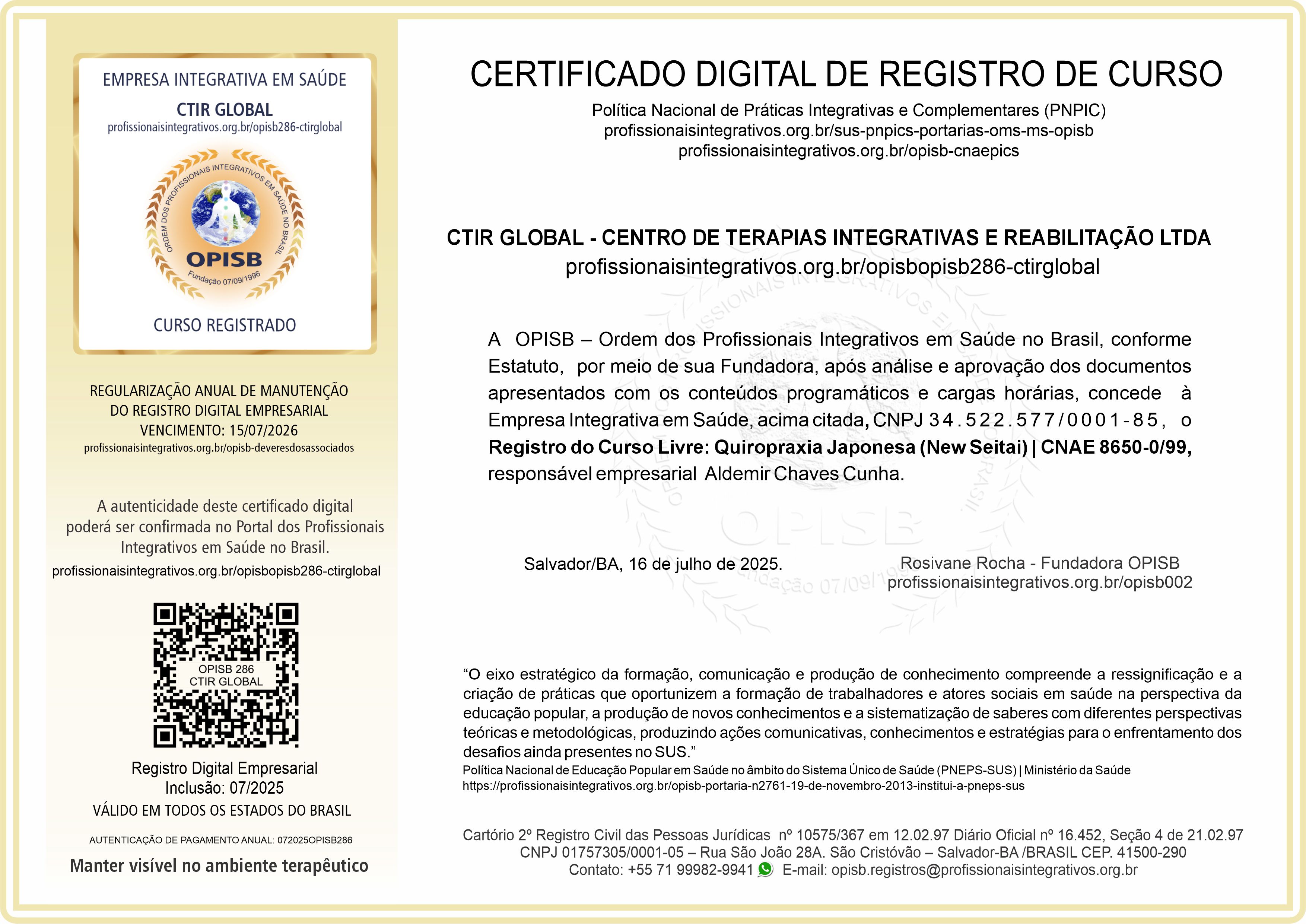 OPISB 286-CTIRGLOBAL Certificado de Registro de Cursos