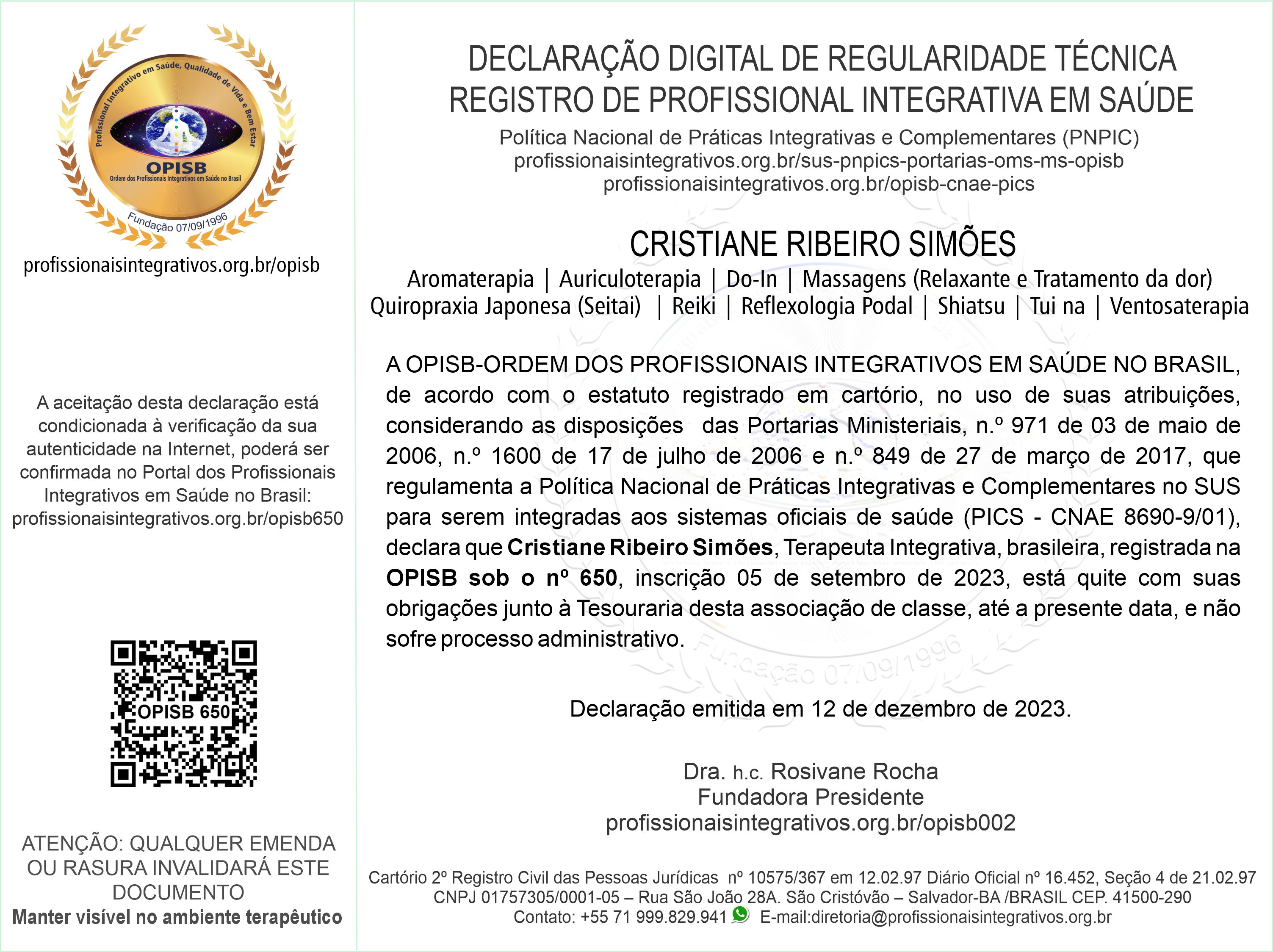 OPISB 650 Declaração Digital de Regularidade Técnica