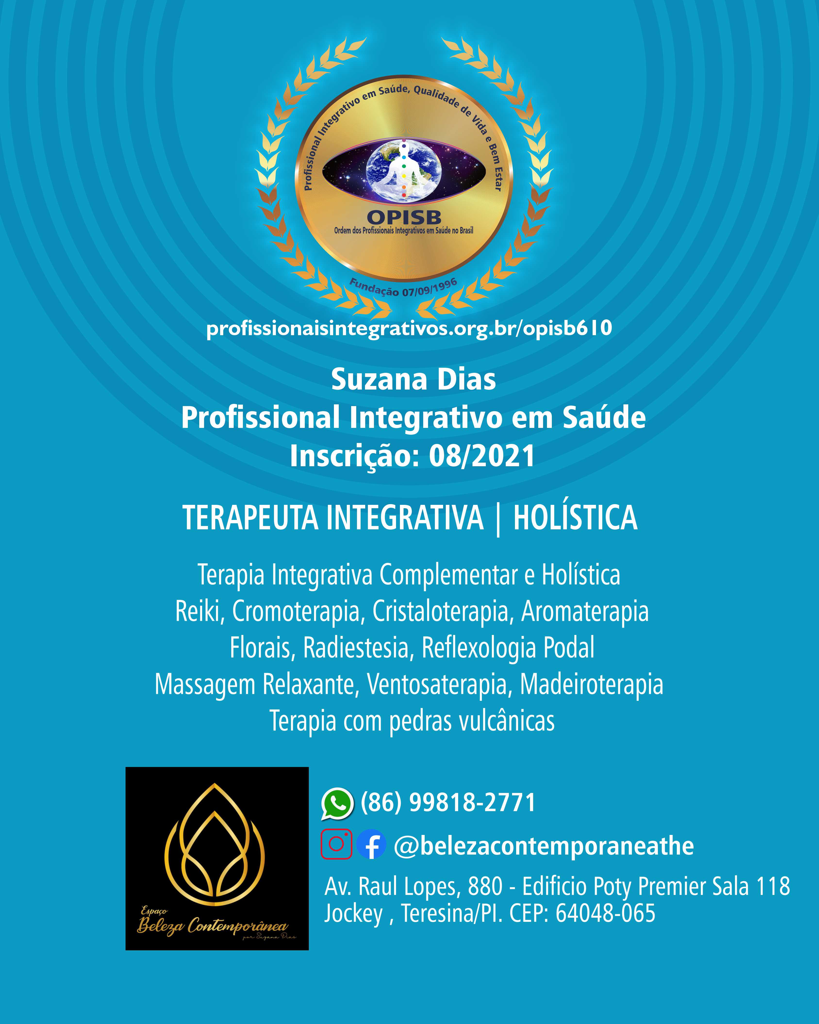 OPISB 610 SUZANA DIAS CARTÃO DE DIVULGAÇÃO PROFISSIONAL INTEGRATIVO EM SAÚDE TERAPEUTA INTEGRATIVA | HOLÍSTICA