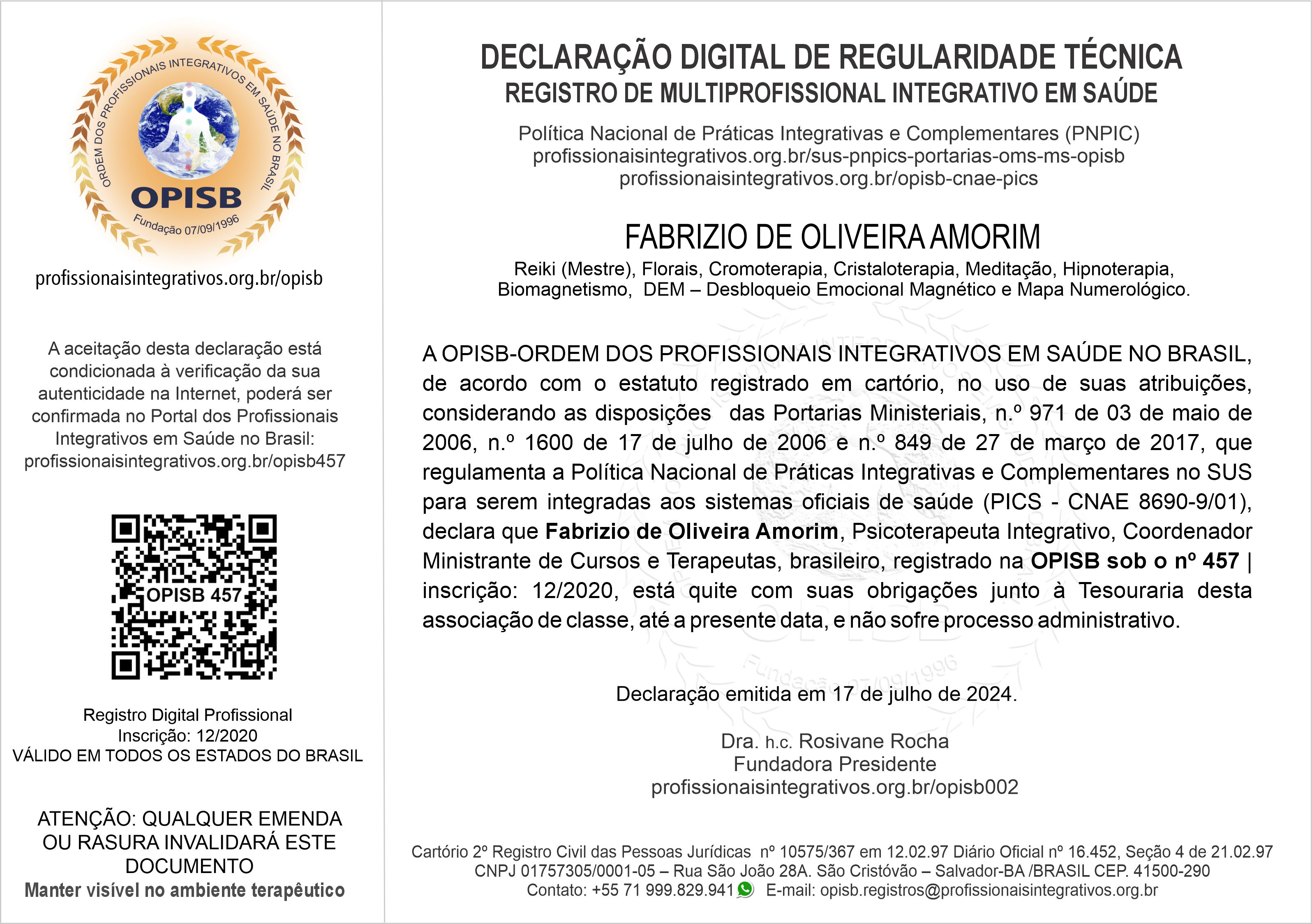 OPISB 457 Fabrizio Amorim Declaração Digital de Regularidade Técnica
