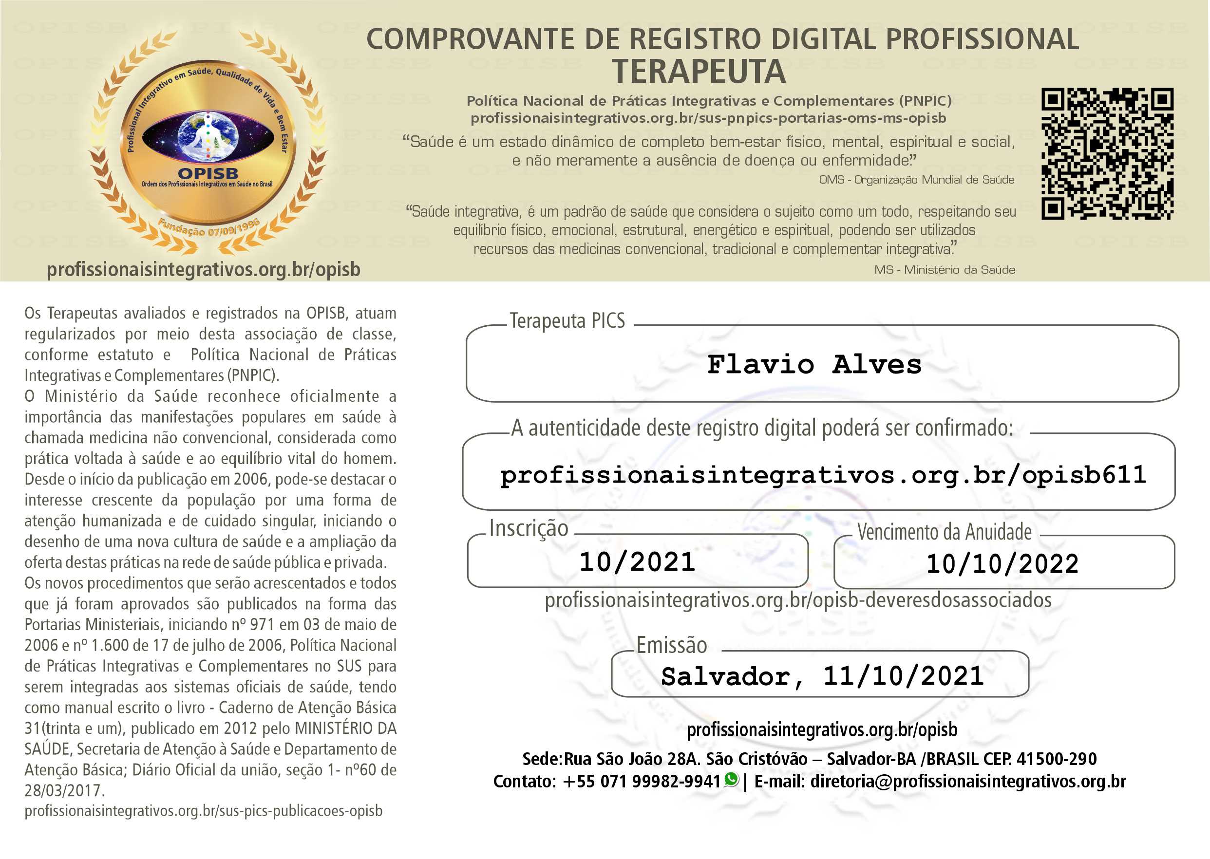 OPISB 611 FLAVIO ALVES COMPROVANTE DE REGISTRO DIGITAL TERAPEUTA PICS