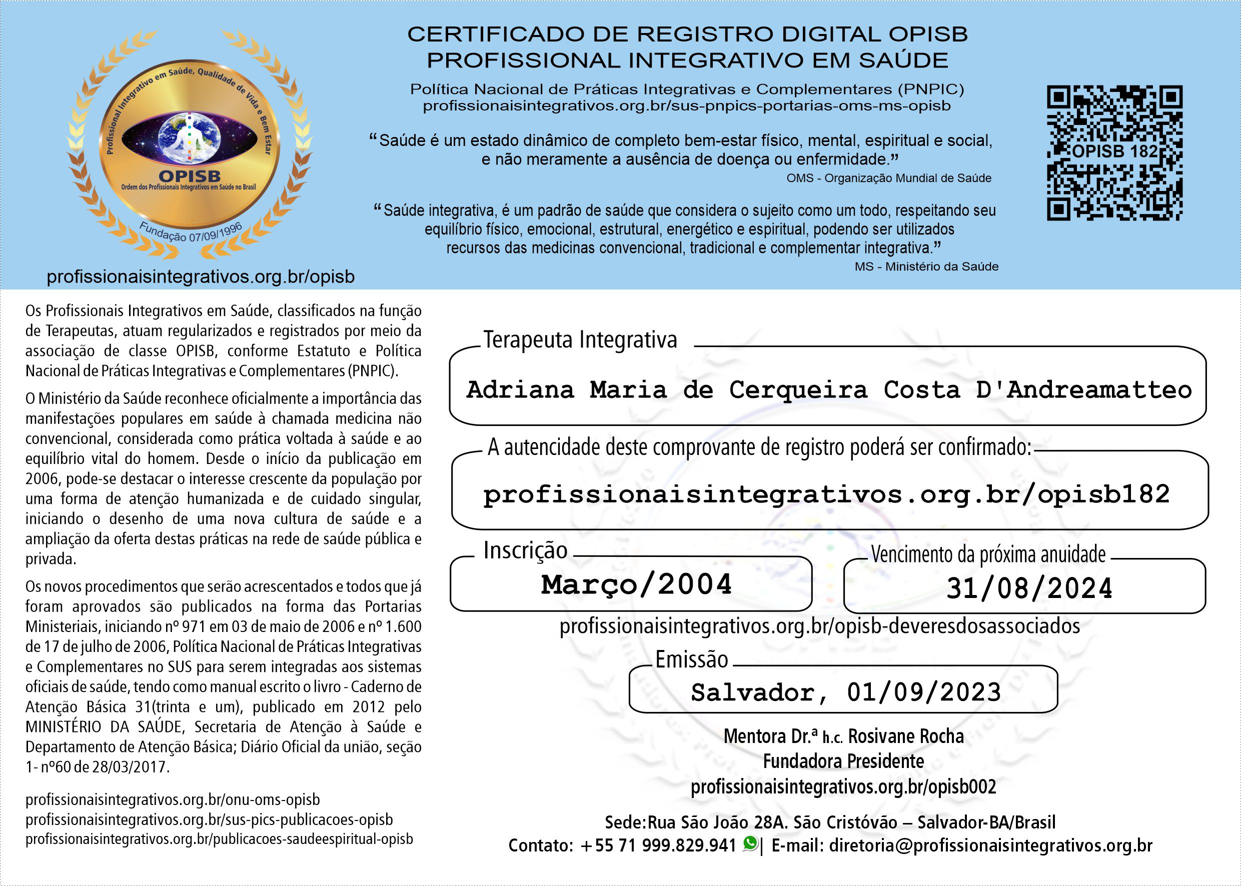 OPISB 182 Certificado do Registro Digital Profissional