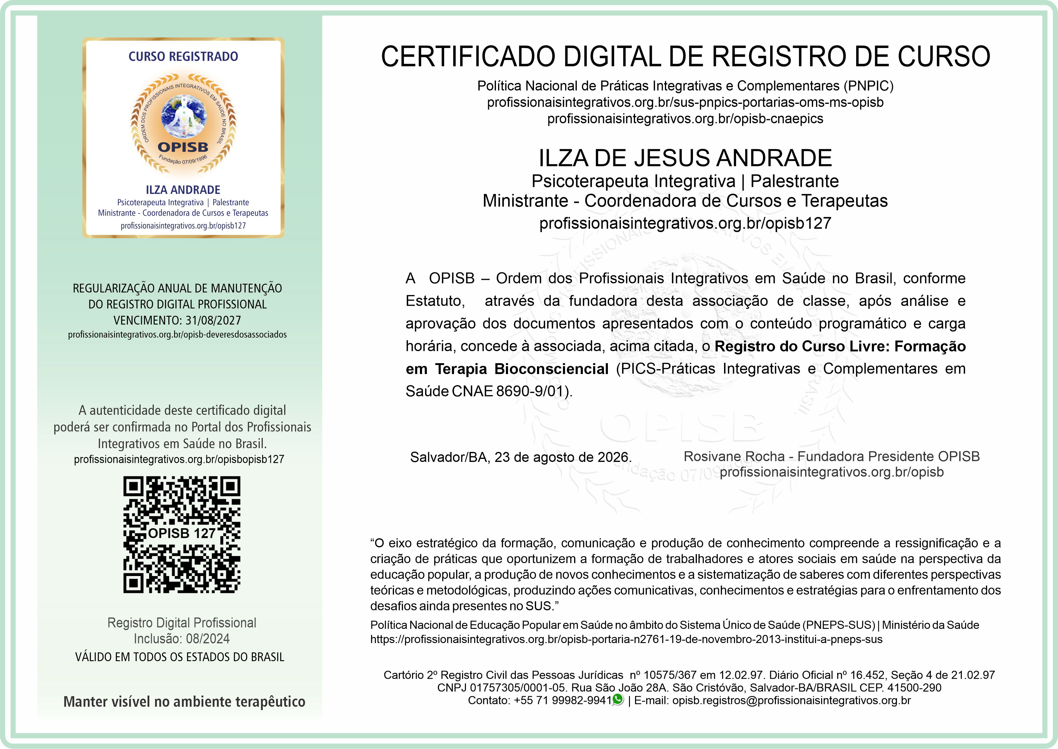 OPISB 127 Certificado de Registro de Cursos