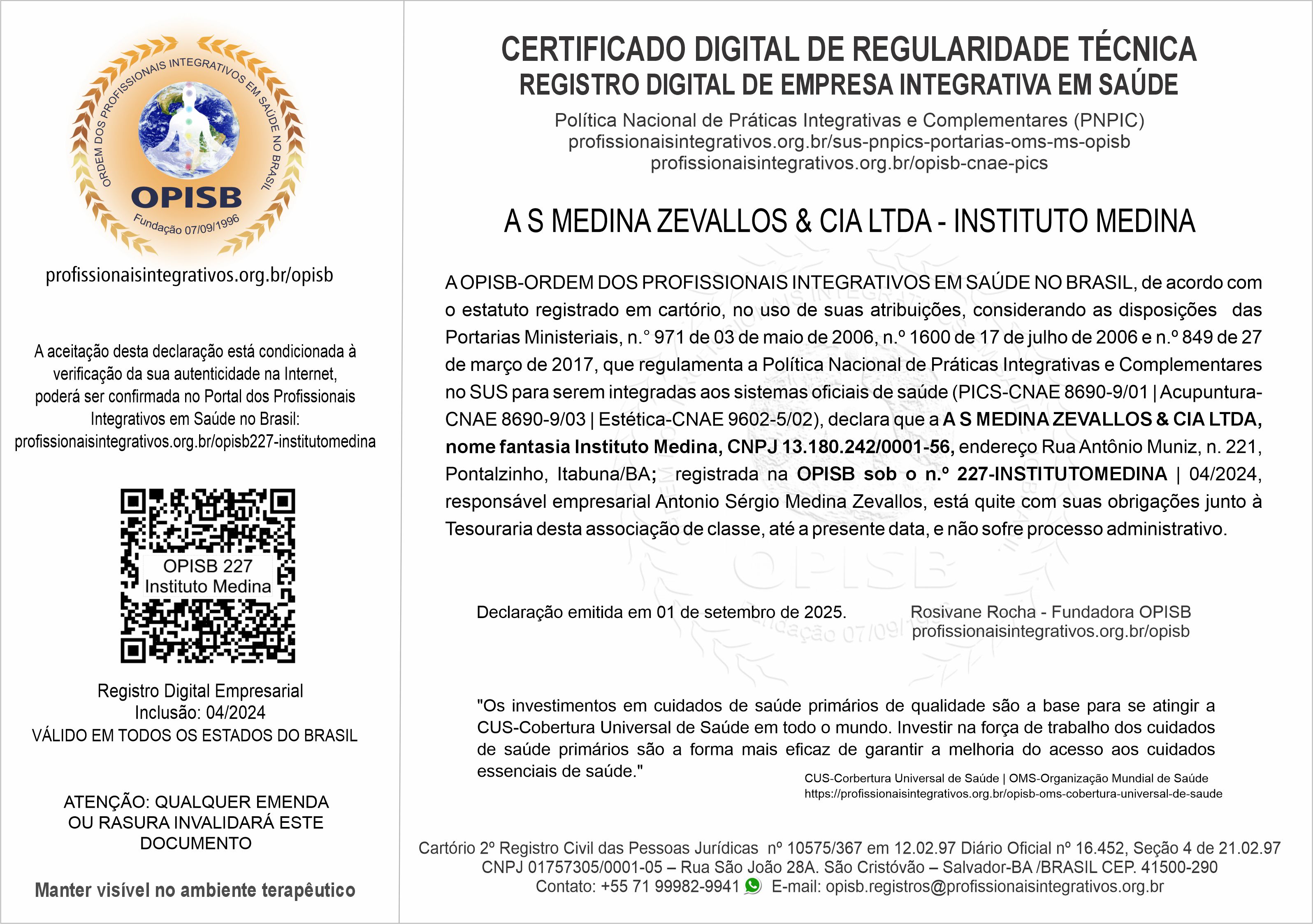 OPISB 227 Instituto Medina  Certificado Digital de Regularidade Técnica