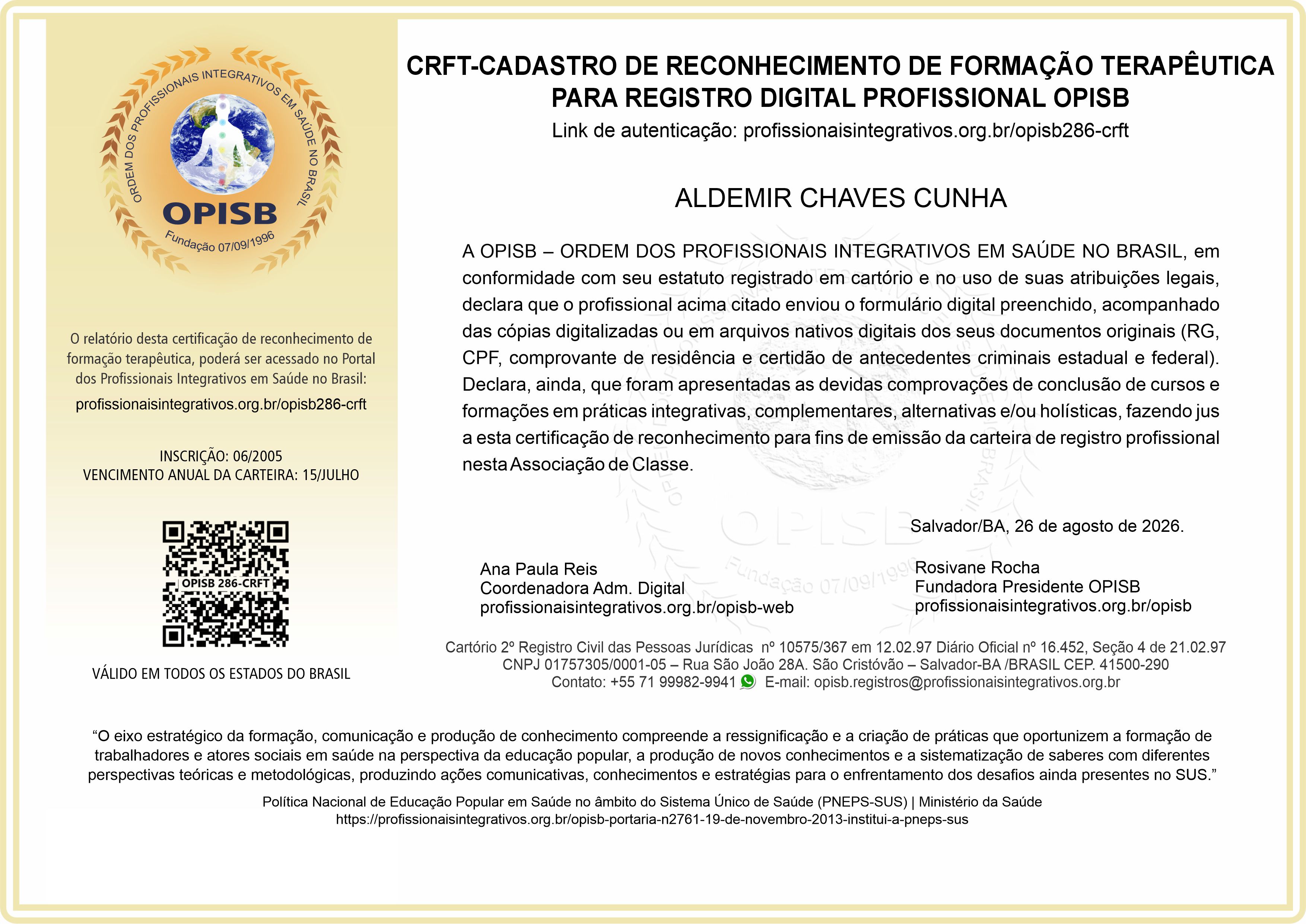 OPISB 286-CRFT Cadastro de Reconhecimento de Formação Terapêutica