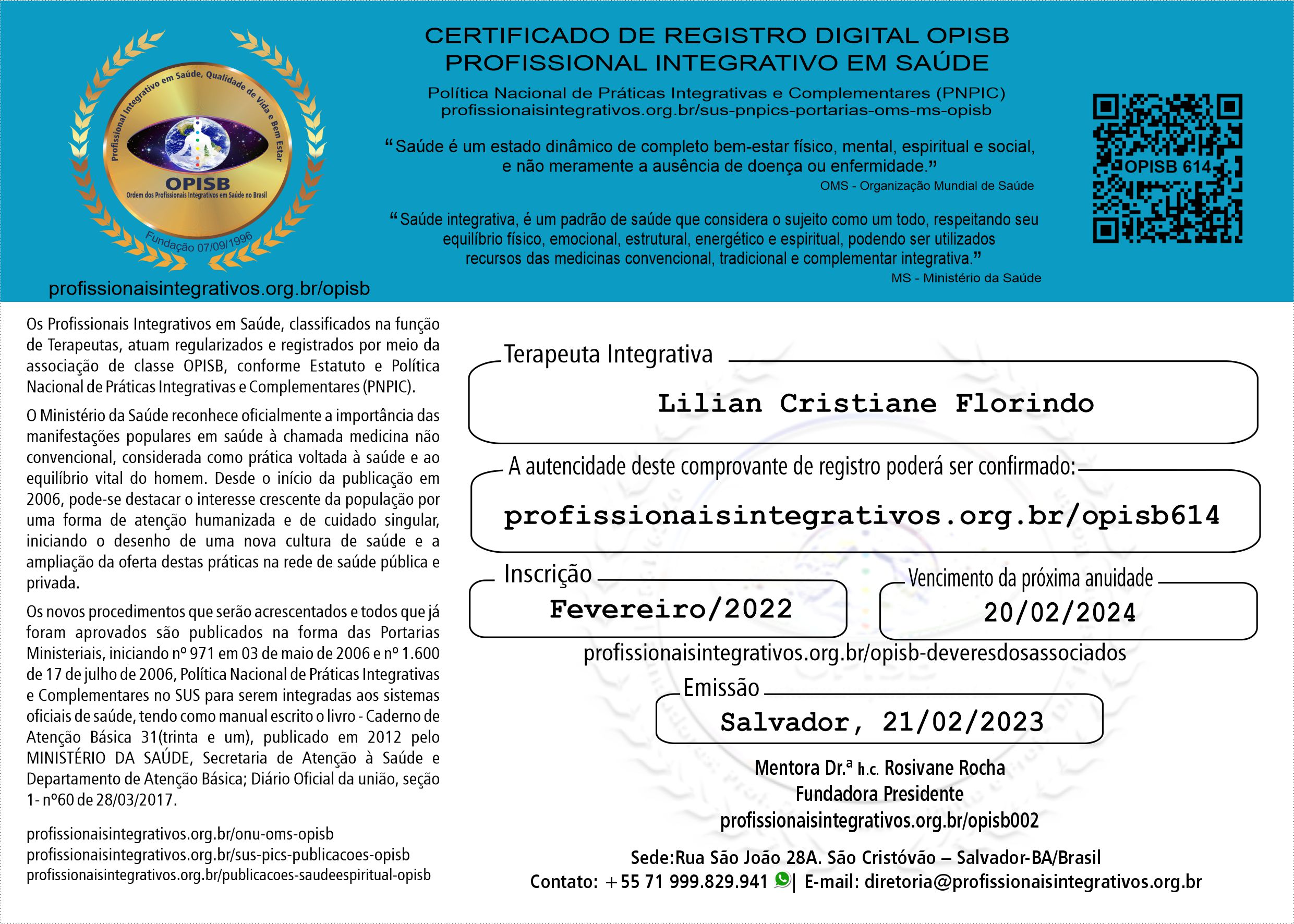 OPISB 614 Lilian Florindo Terapeuta Integrativa | Massoterapia - Terapia Tântrica - Reiki - Aromaterapia | Governador Celso Ramos - Santa Catarina | Registro Profissional