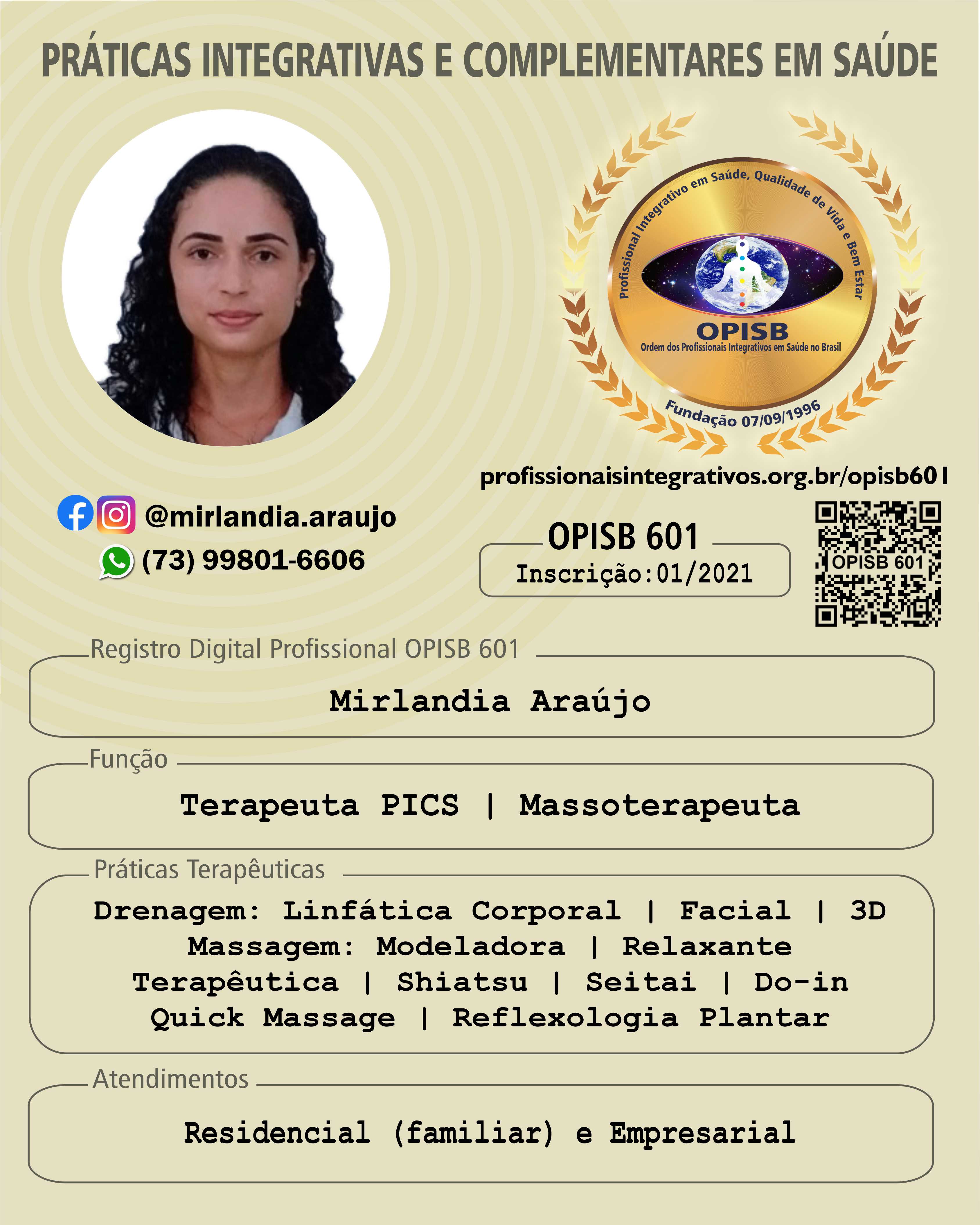OPISB 601 MIRLANDIA ARAÚJO CARTÃO DE DIVULGAÇÃO TERAPEUTA PICS