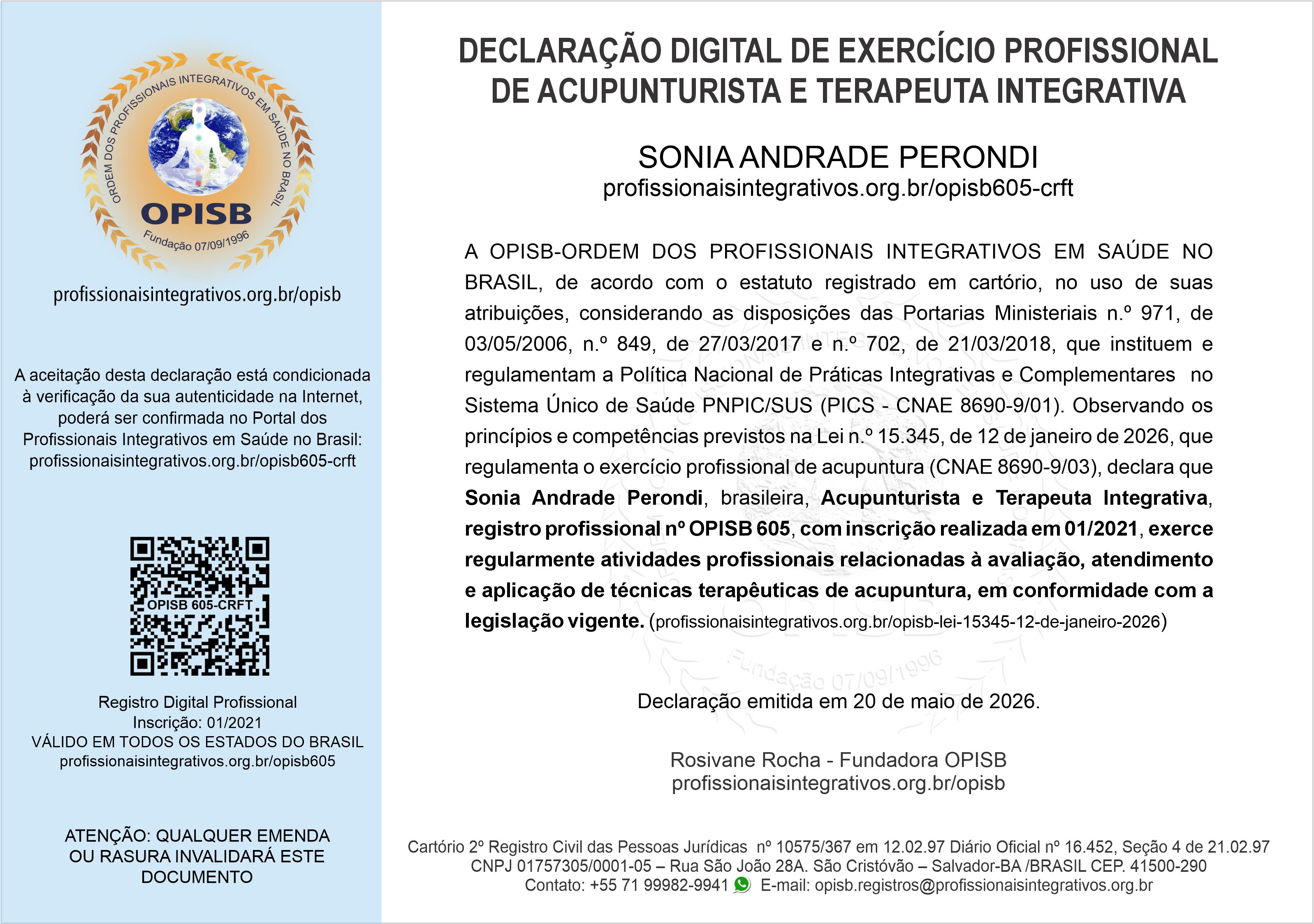 OPISB 605 Sonia Andrade Perondi Declaração Digital de Exercício Profissional de Acupunturista e Terapeuta Integrativa