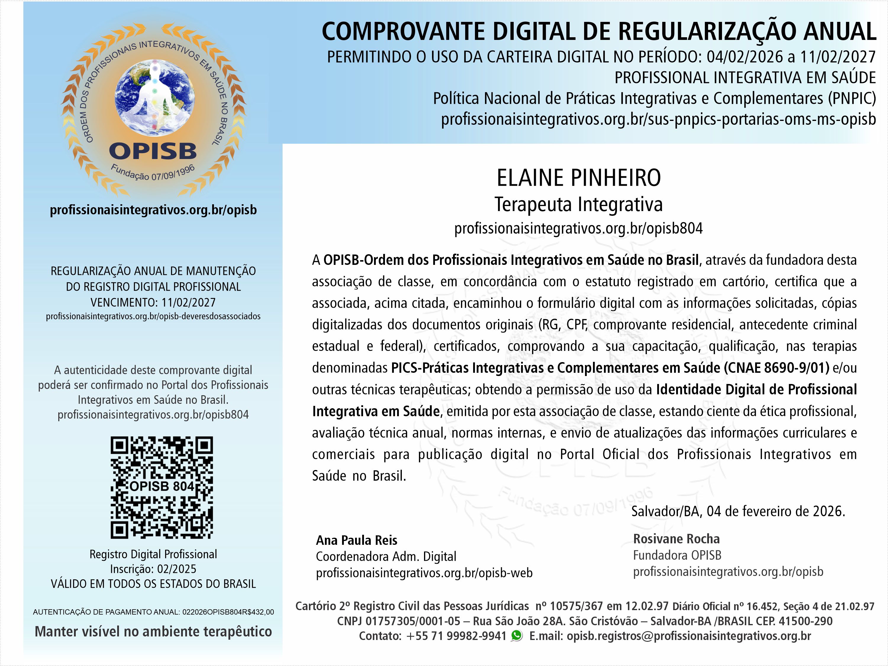 OPISB 804  Elaine Pinheiro  Comprovante Digital de Regularização Anual
