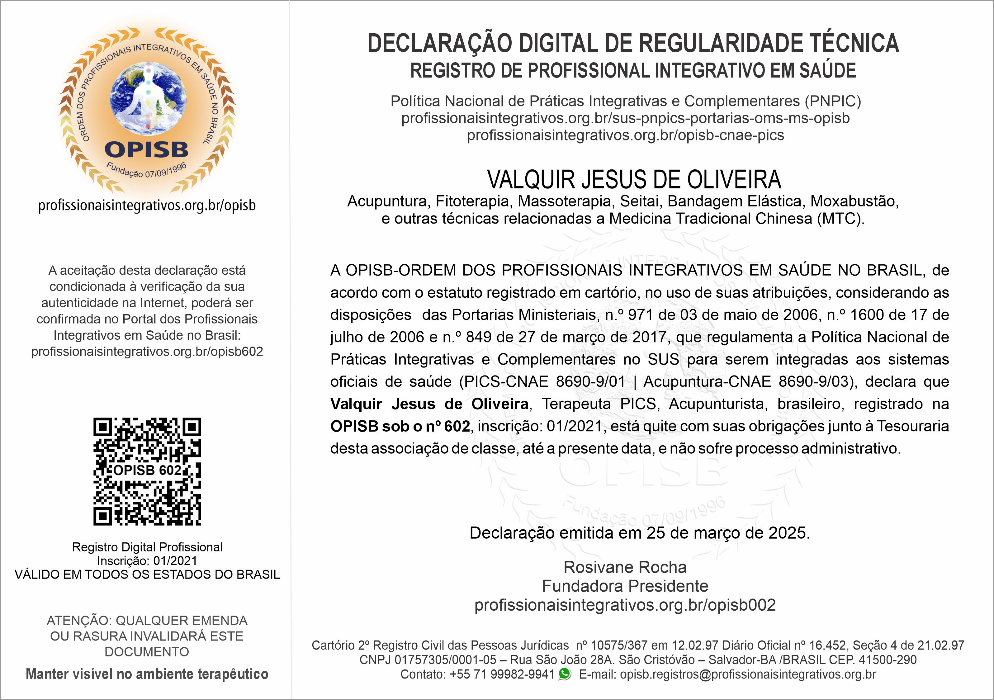 OPISB 602 Valquir Jesus de Oliveira Declaração Digital de Regularidade Técnica