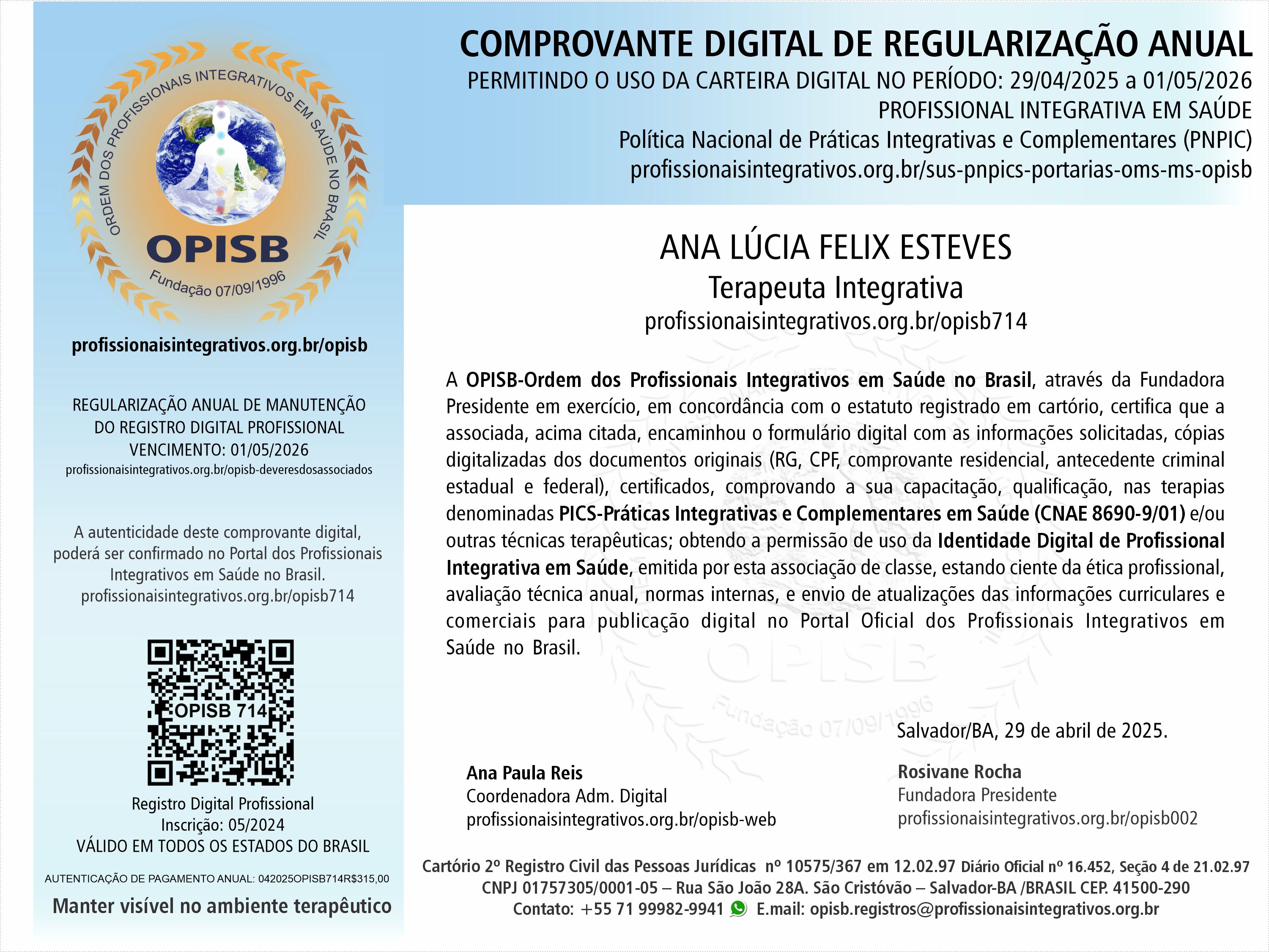 OPISB 714 Ana Lúcia Felix Esteves  Comprovante Digital de Regularização Anual