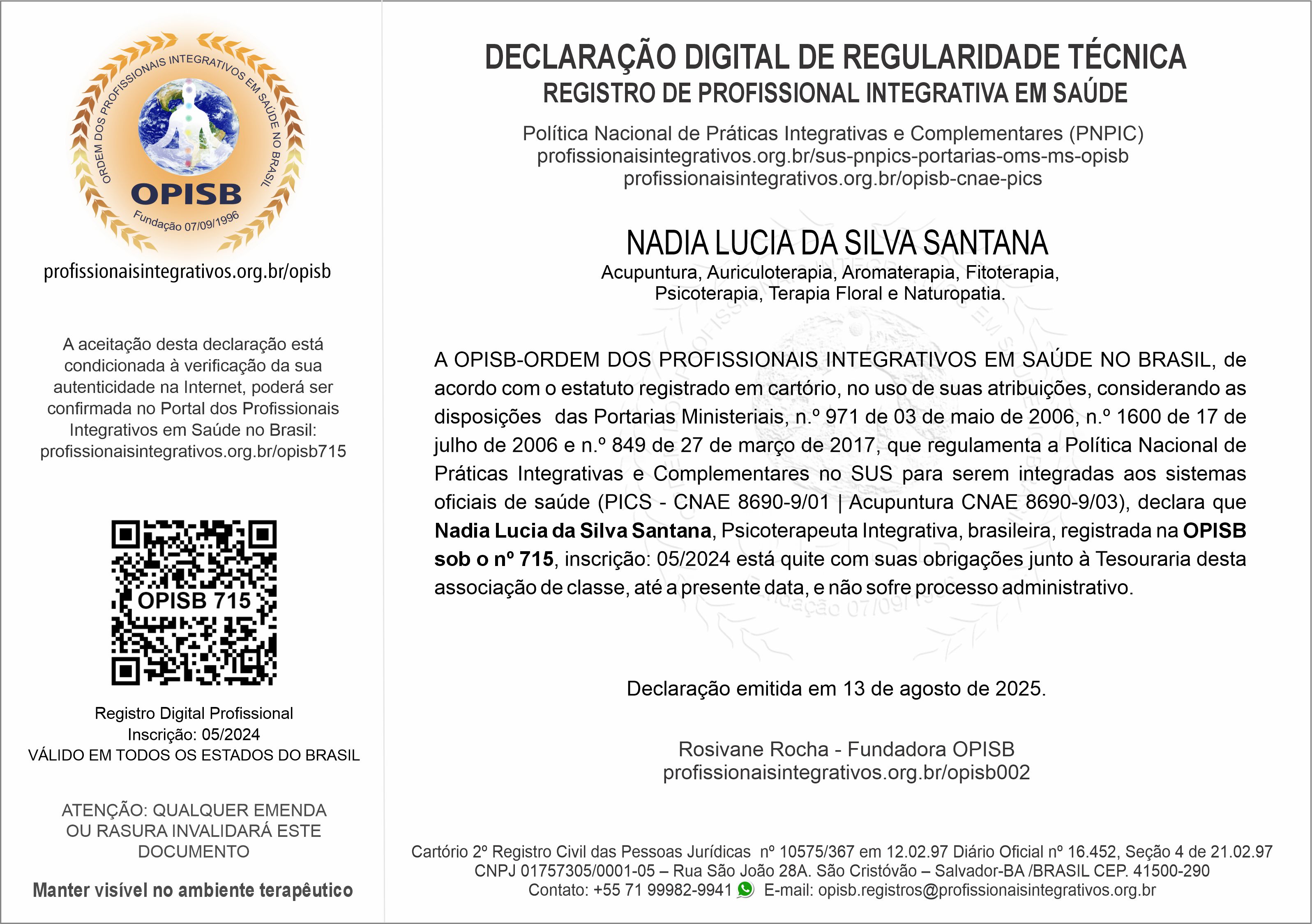 OPISB 715 Nadia Santana Declaração Digital de Regularidade Técnica
