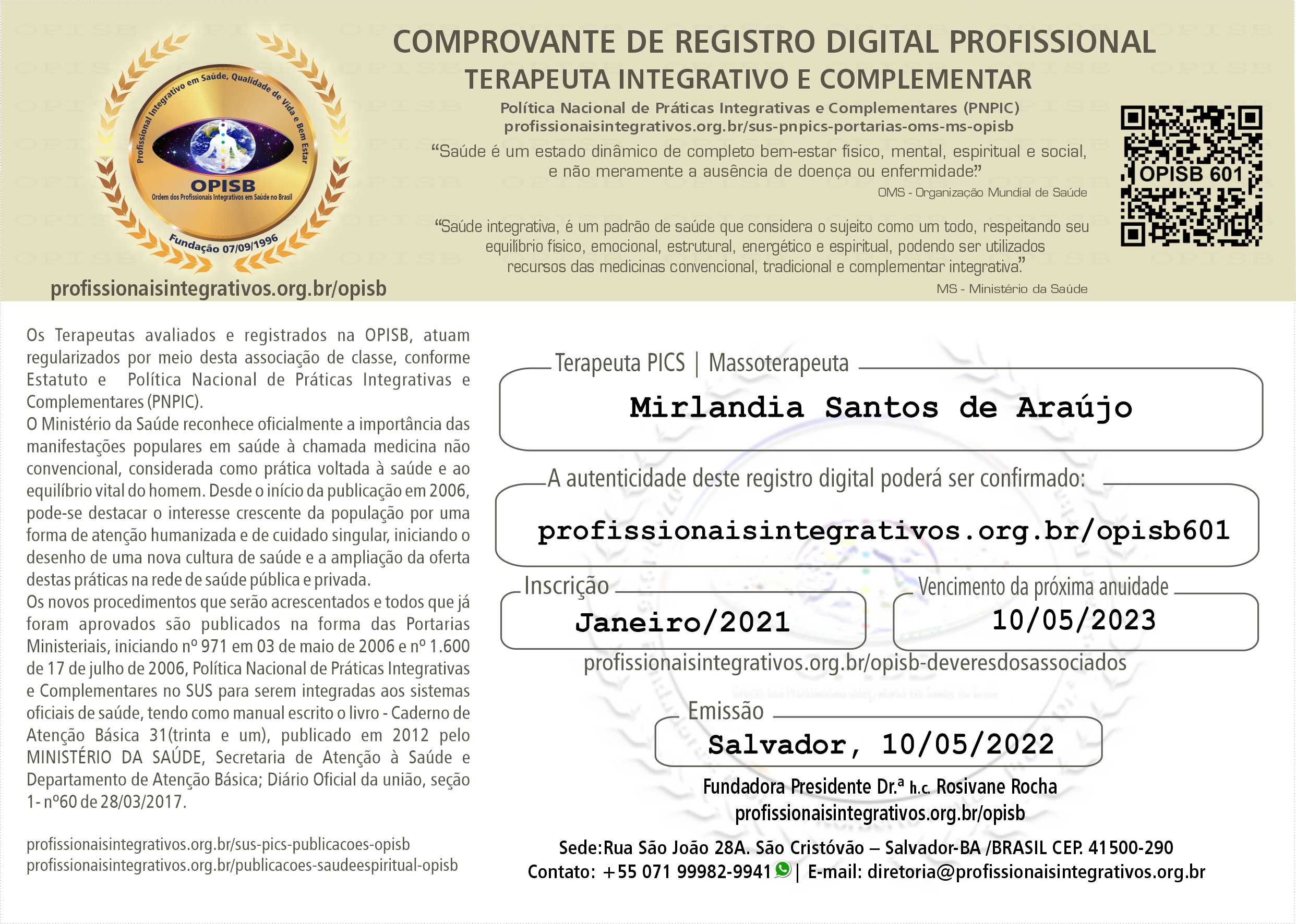 OPISB 601 MIRLANDIA SANTOS DE ARAÚJO COMPROVANTE DE REGISTRO DIGITAL PROFISSIONAL TERAPEUTA PICS