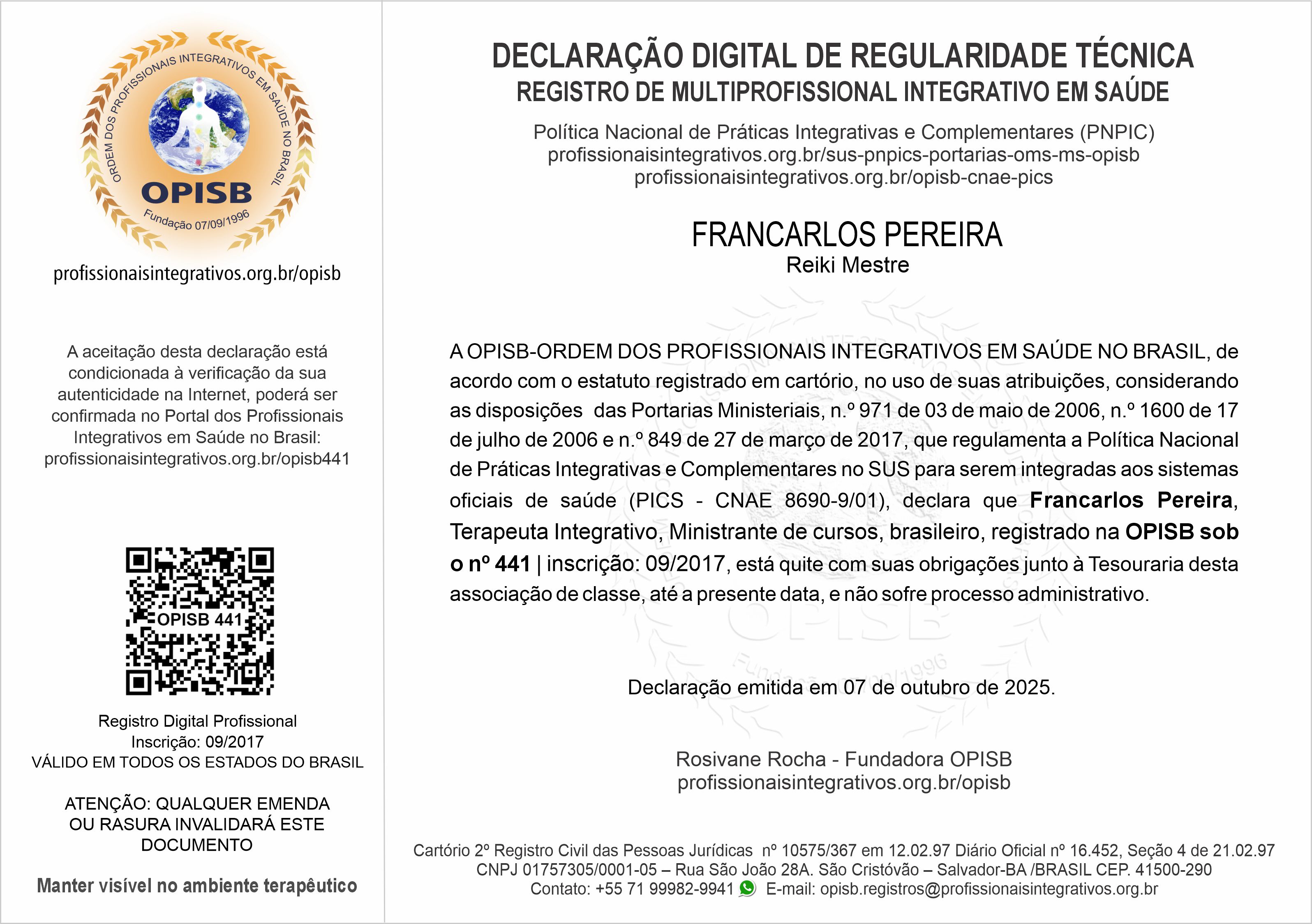 OPISB 441 Francarlos Pereira Declaração Digital de Regularidade Técnica