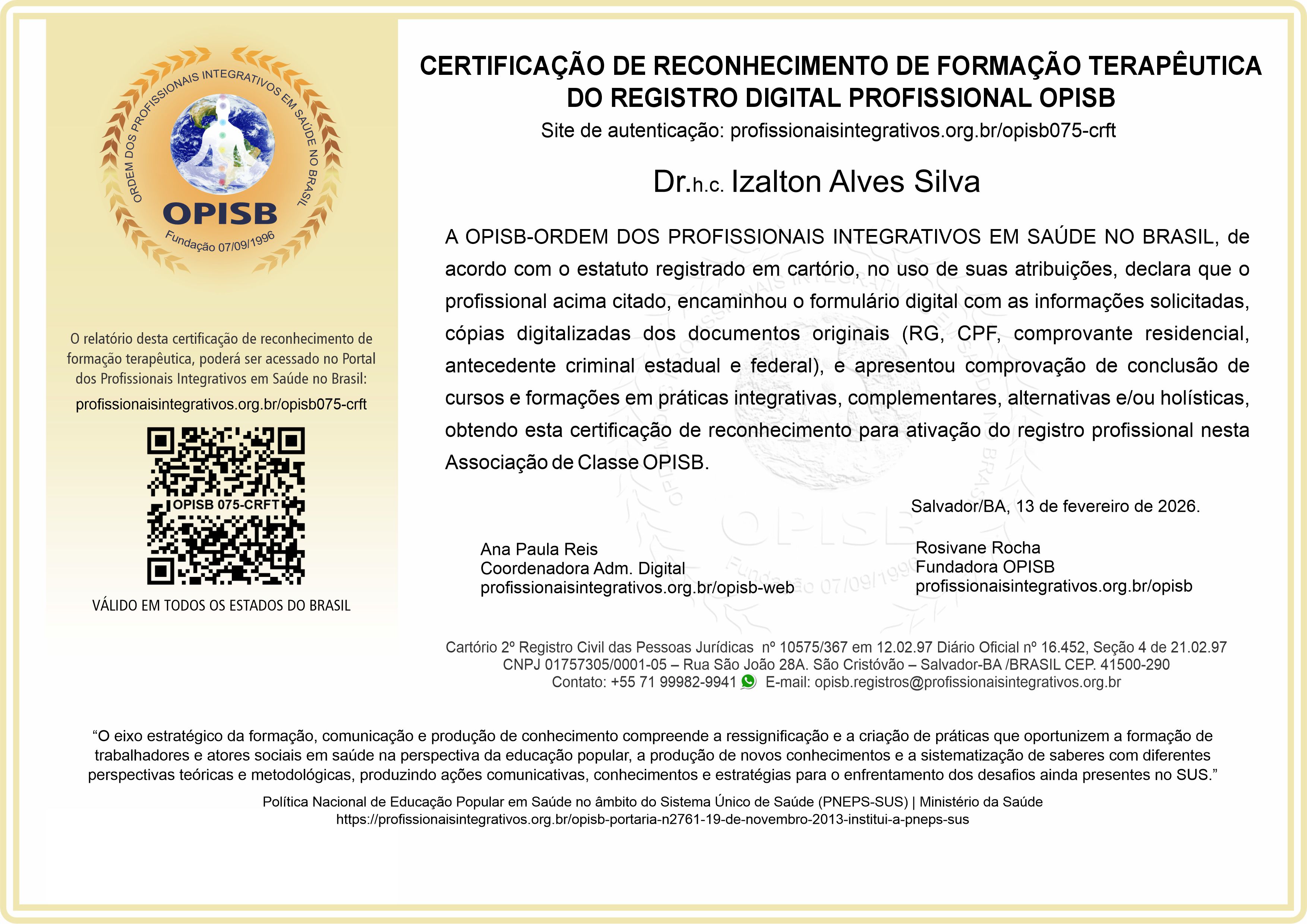 OPISB 075-CRFT Certificação de Reconhecimento de Formação Terapêutica