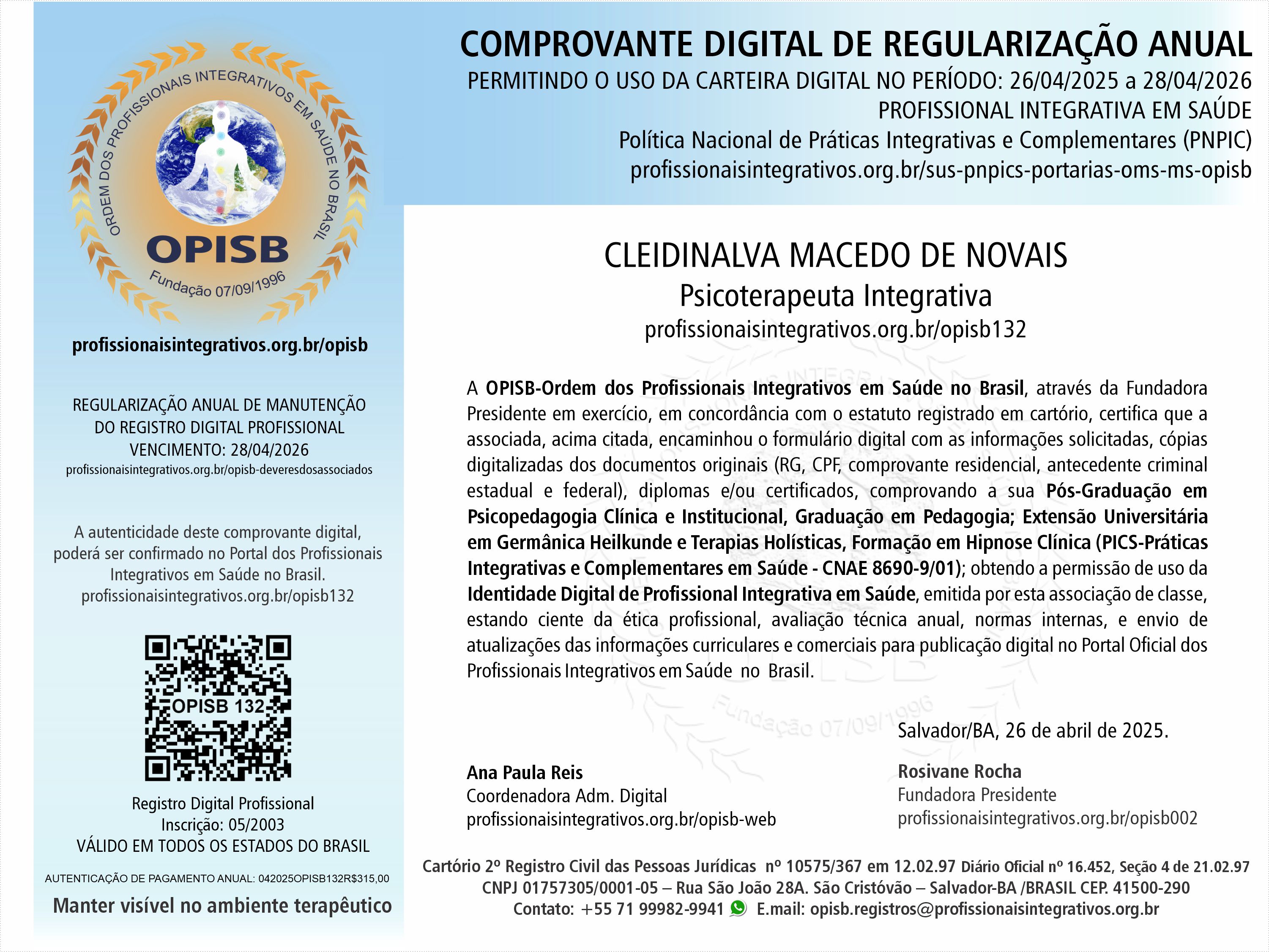 OPISB 132 Cleide Novais Comprovante Digital de Regularização Anual