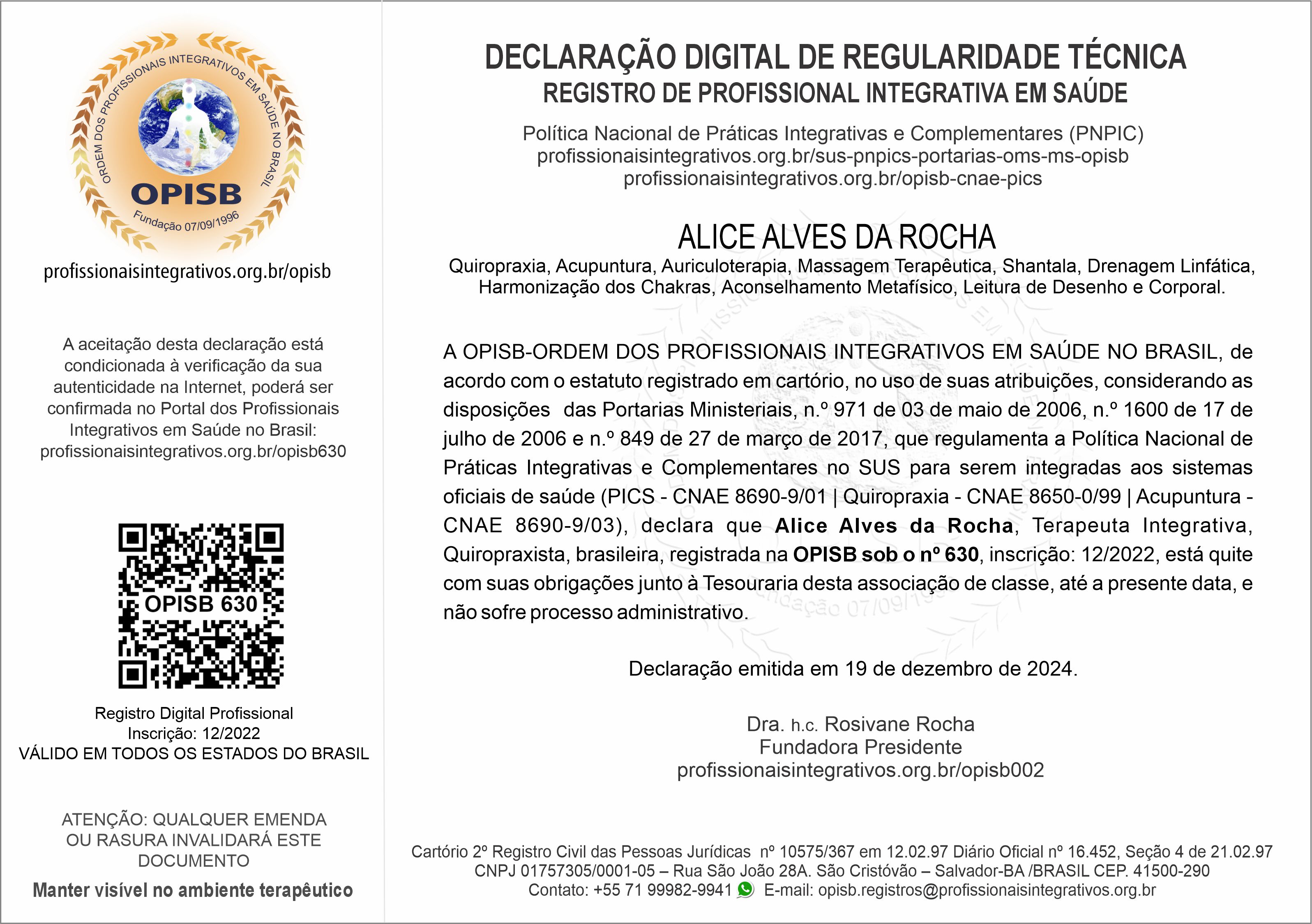 OPISB 630 Allice Alves Declaração Digital de Regularidade Técnica
