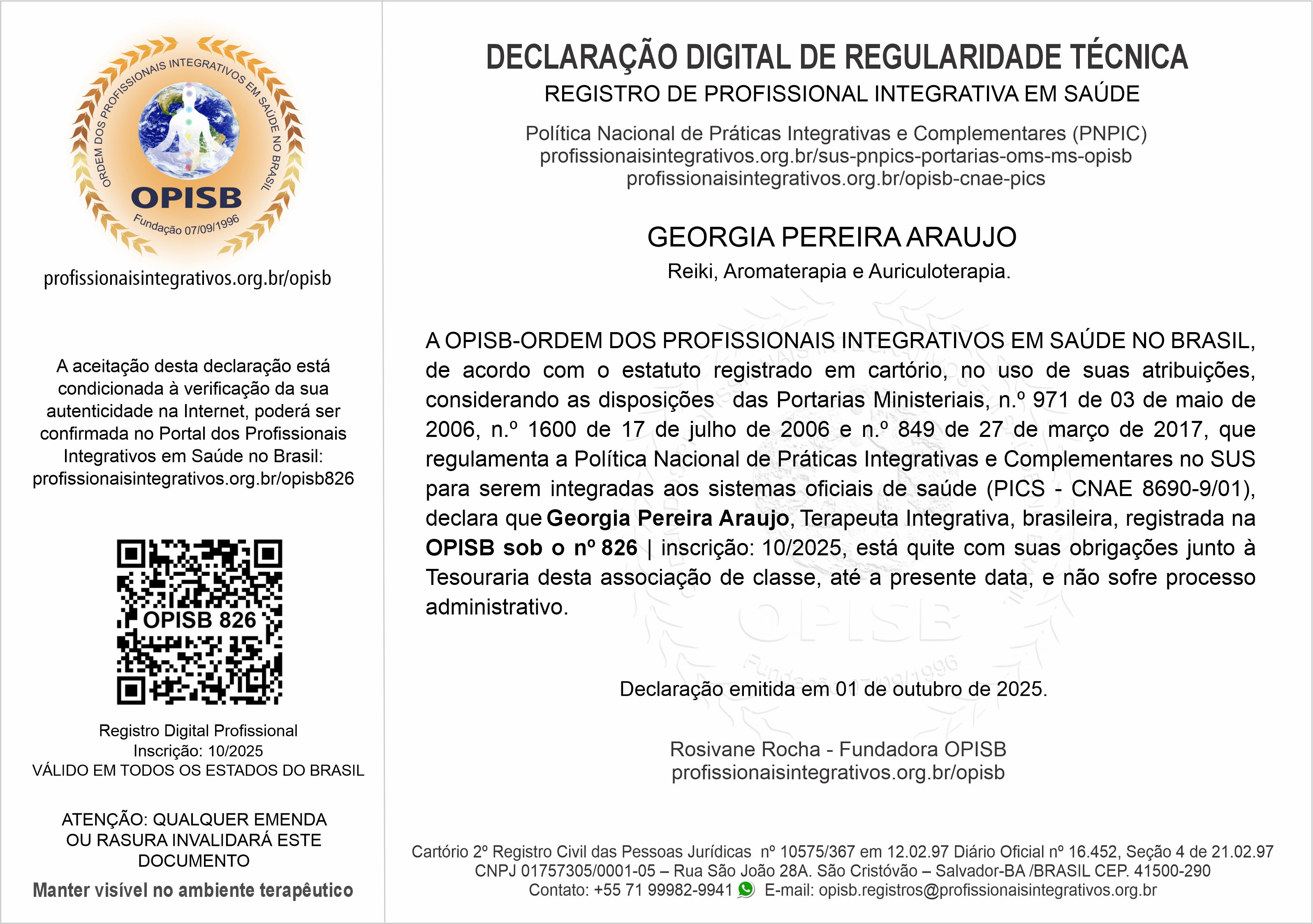 OPISB 826 Georgiá Araujo Declaração Digital de Regularidade Técnica