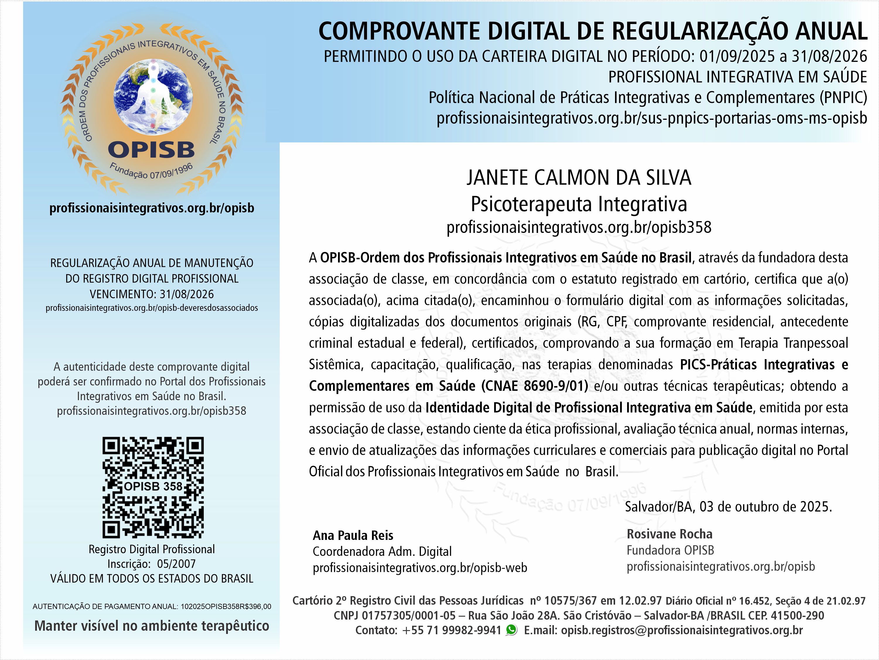 OPISB 358 Janete Calmon  Comprovante Digital de Regularização Anual