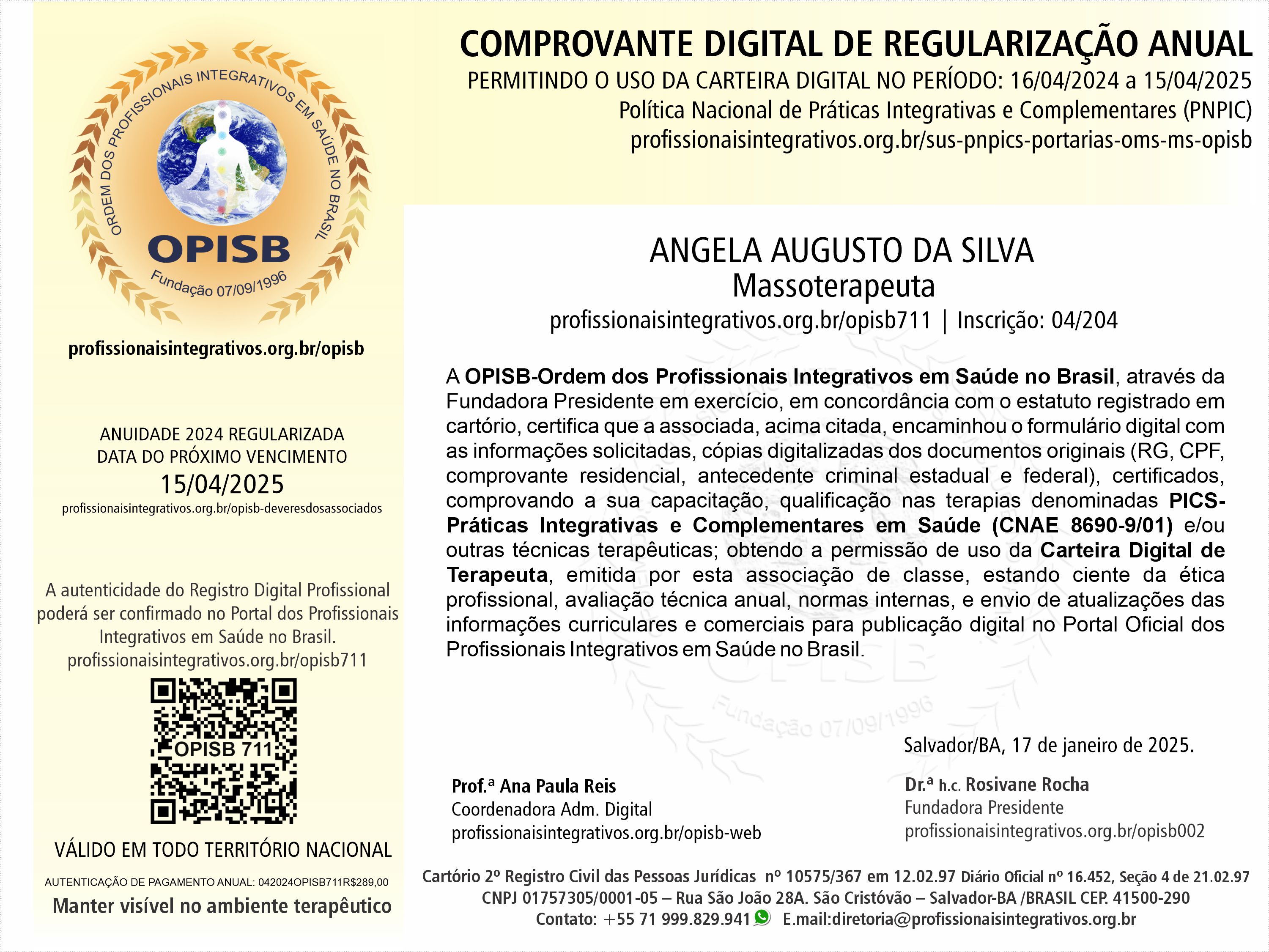 OPISB 711 Angela Augusto da Silva Comprovante Digital de Regularização Anual