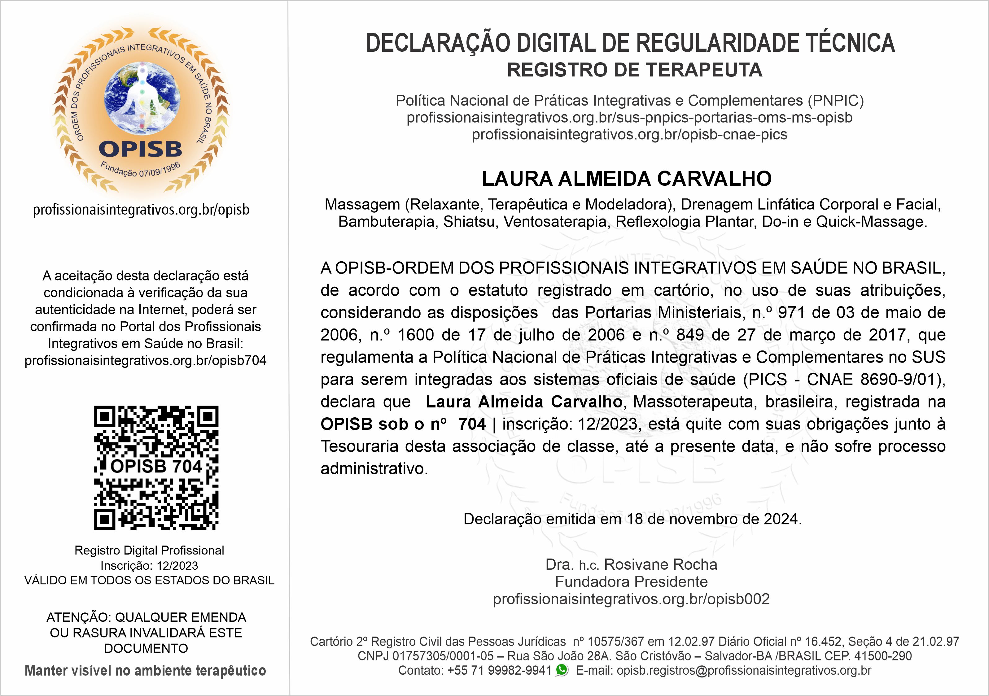 OPISB 704 Laura Almeida Declaração Digital de Regularidade Técnica