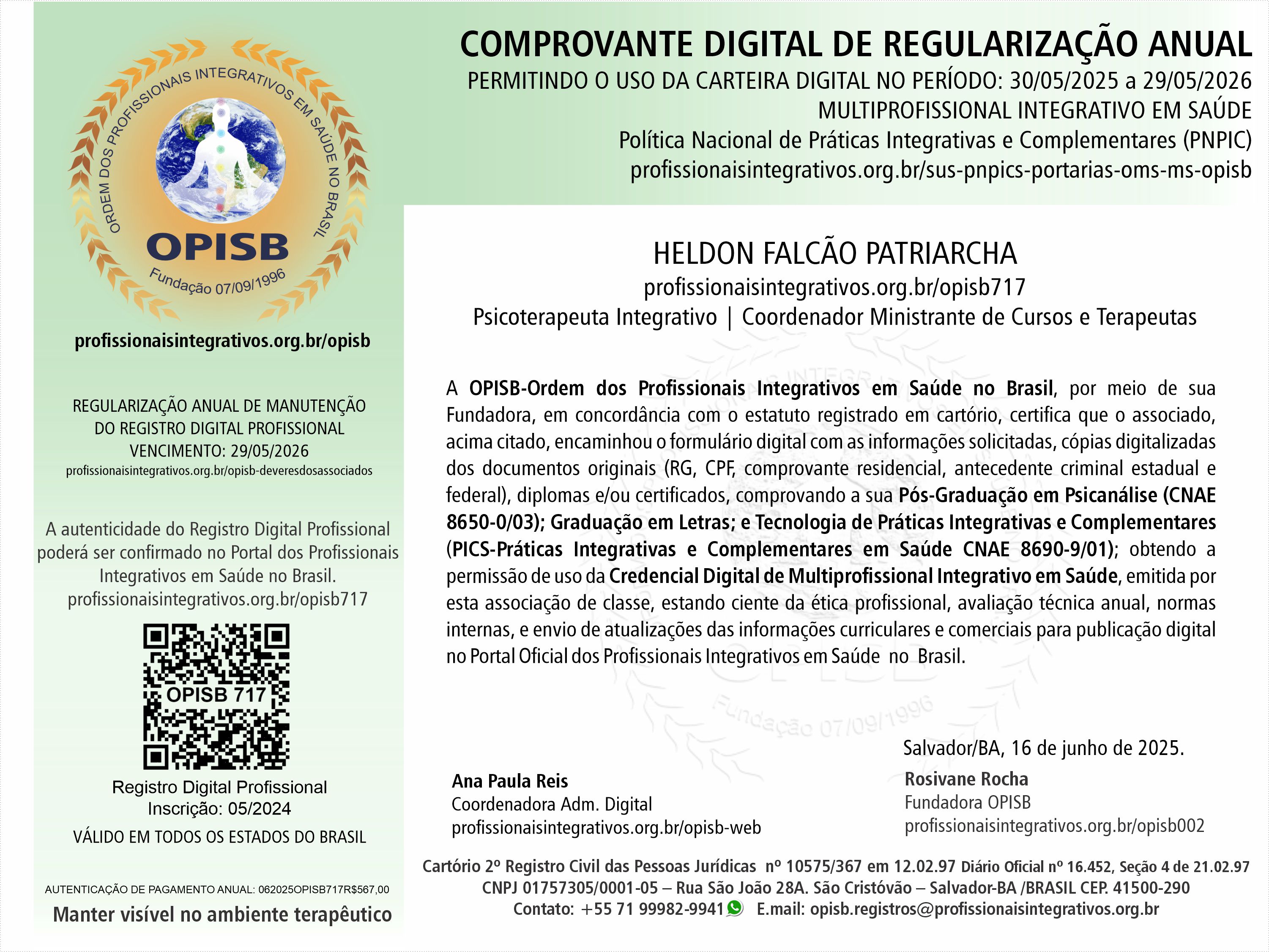 OPISB 717 Heldon Falcão Patriarcha Comprovante Digital de Regularização Anual