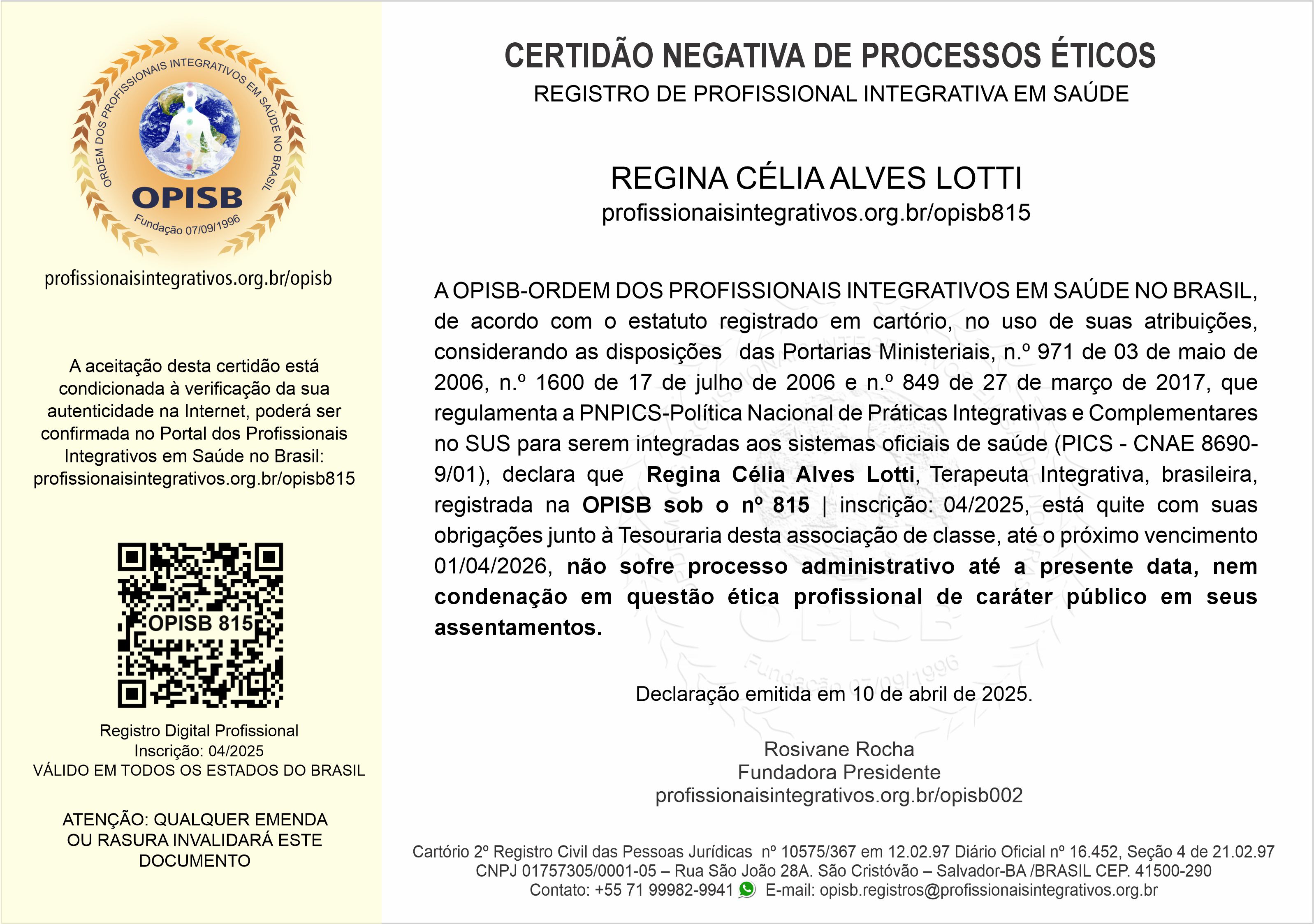 OPISB 815 Certidão Negativa de Processos Éticos