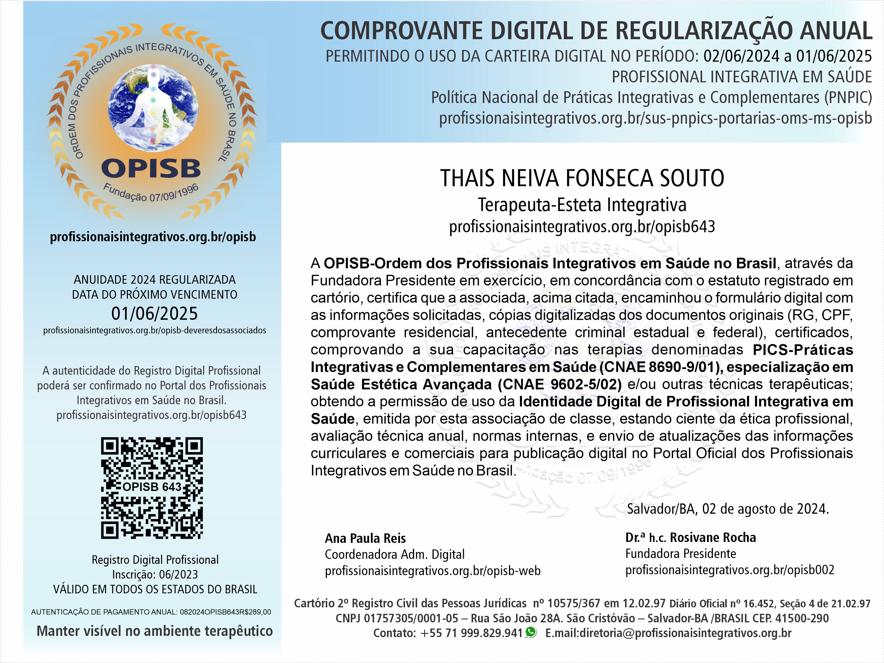 OPISB 643 Comprovante Digital de Regularização Anual