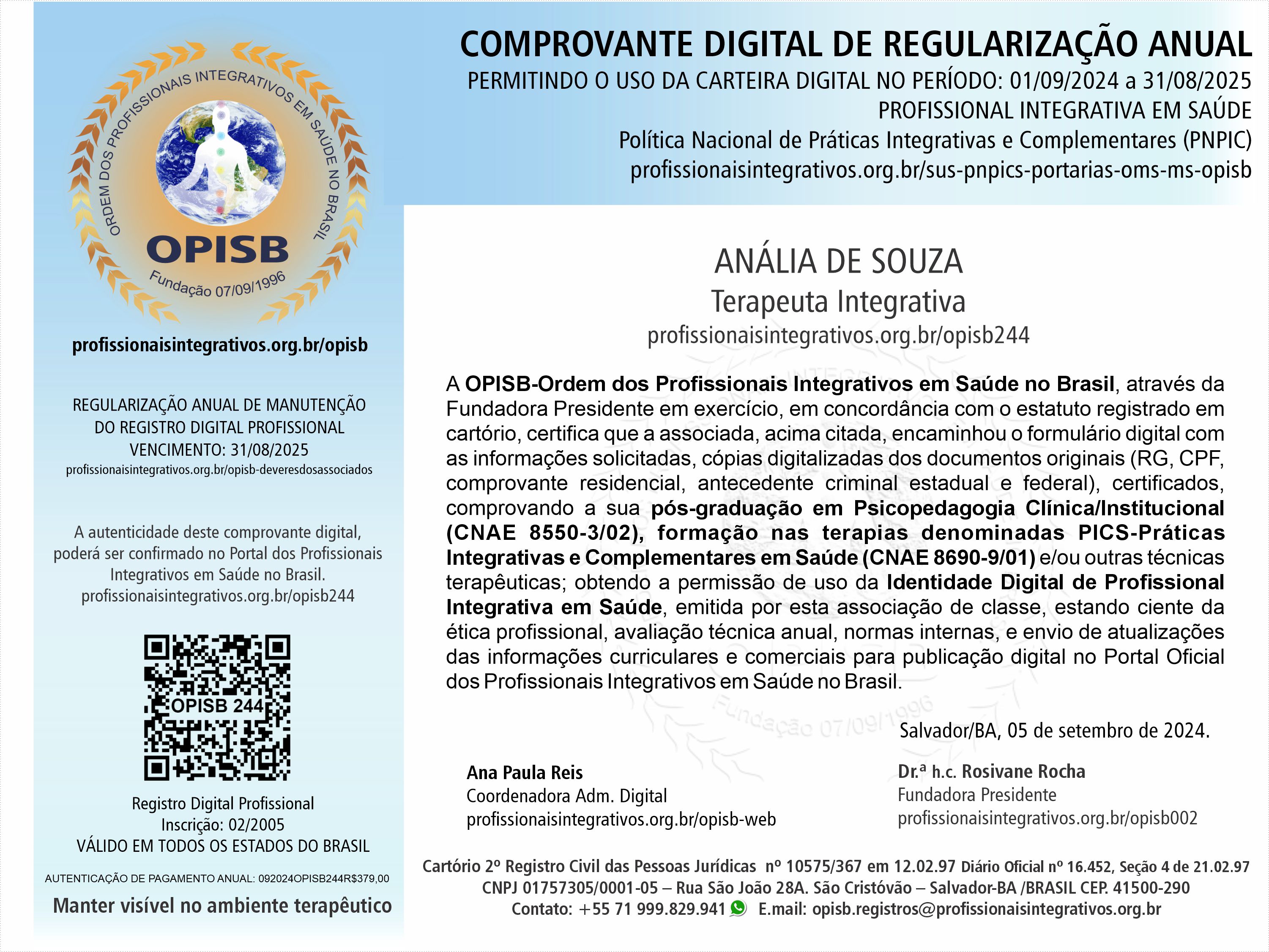 OPISB 244  Irmã Anália de Souza Comprovante Digital de Regularização Anual