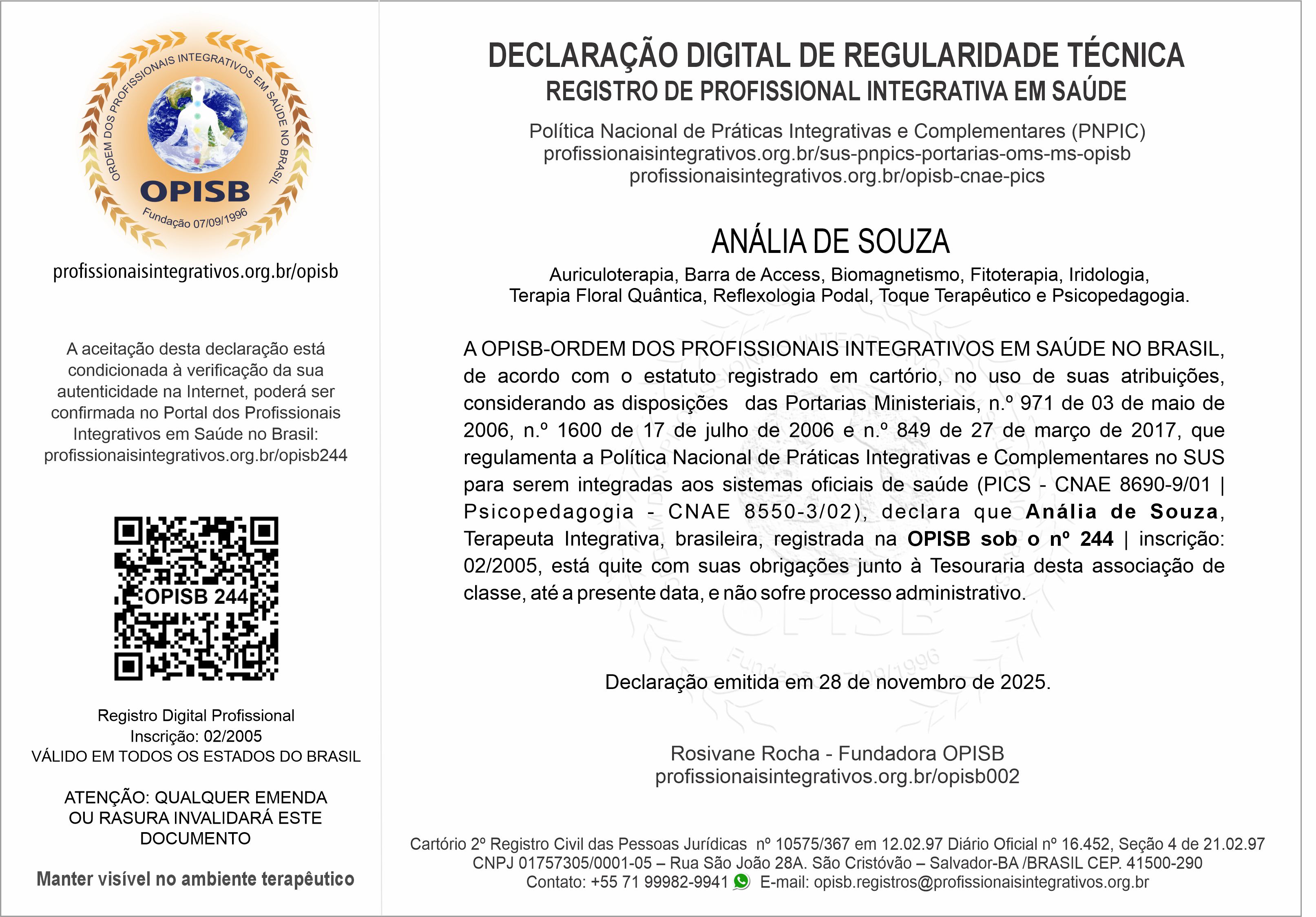OPISB 244 Irmã Anália de Souza Declaração Digital de Regularidade Técnica