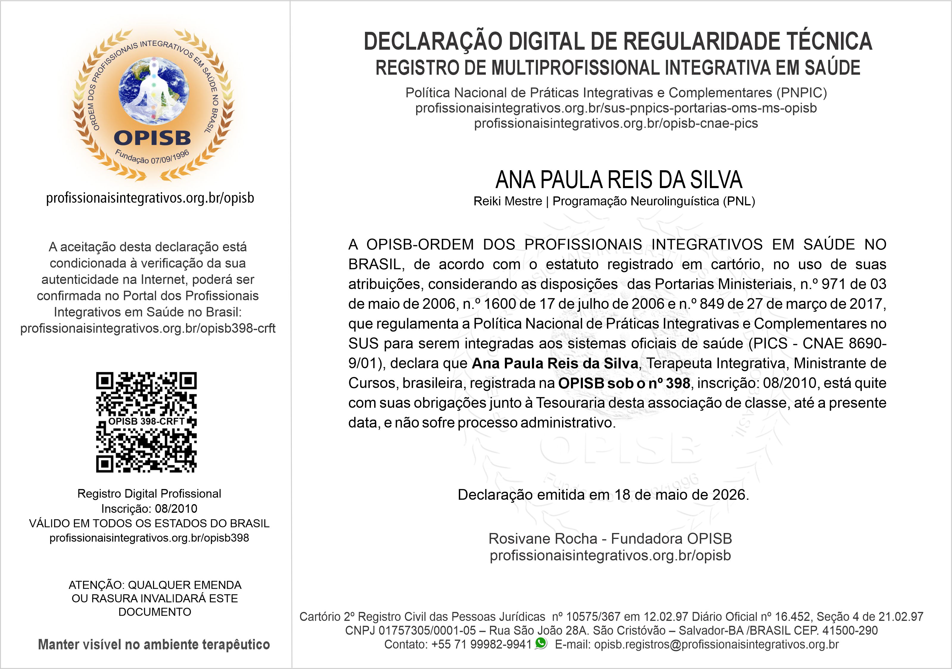 OPISB 398 Ana Paula Reis Declaração Digital de Regularidade Técnica