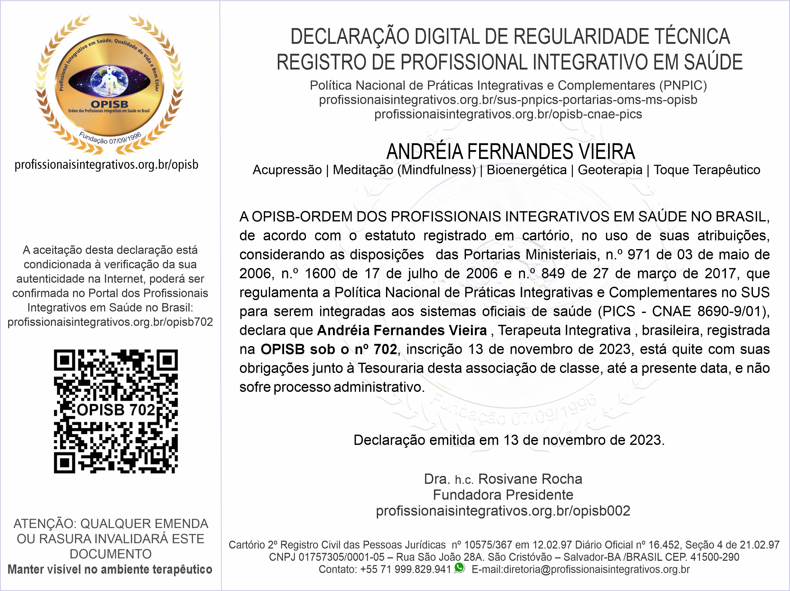 OPISB 702 Declaração Digital de Regularidade Técnica