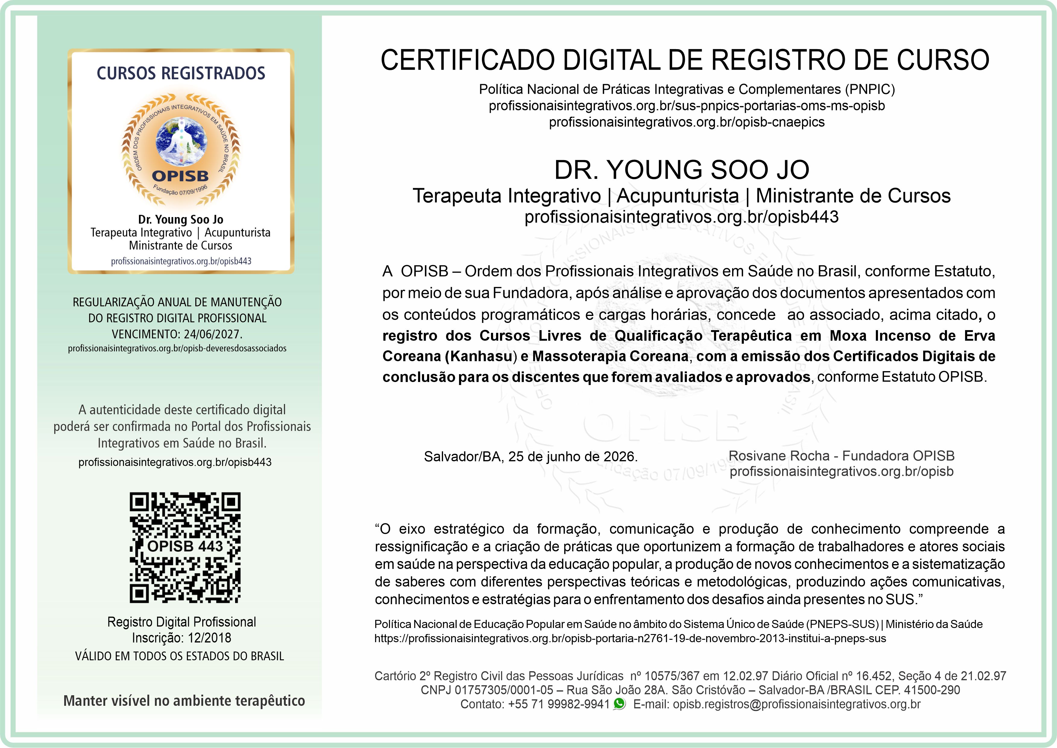 OPISB 443 Certificado de Registro de Cursos