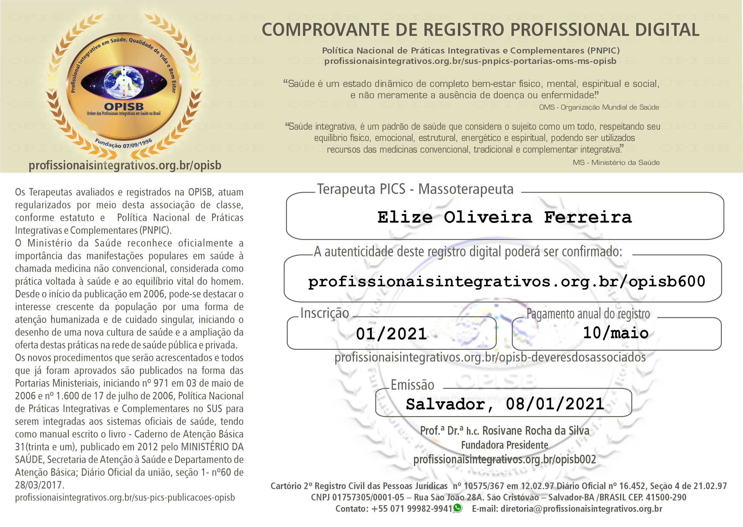 OPISB 600 ELIZE OLIVEIRA FERREIRA COMPROVANTE DE CADASTRO DIGITAL TERAPEUTA PICS