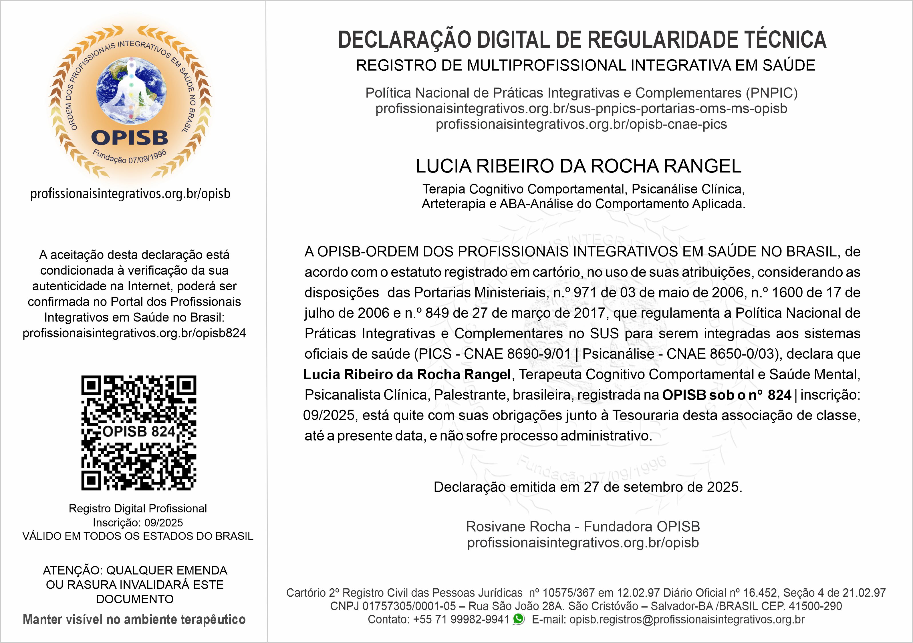 OPISB 824 Lucia Rocha Declaração Digital de Regularidade Técnica