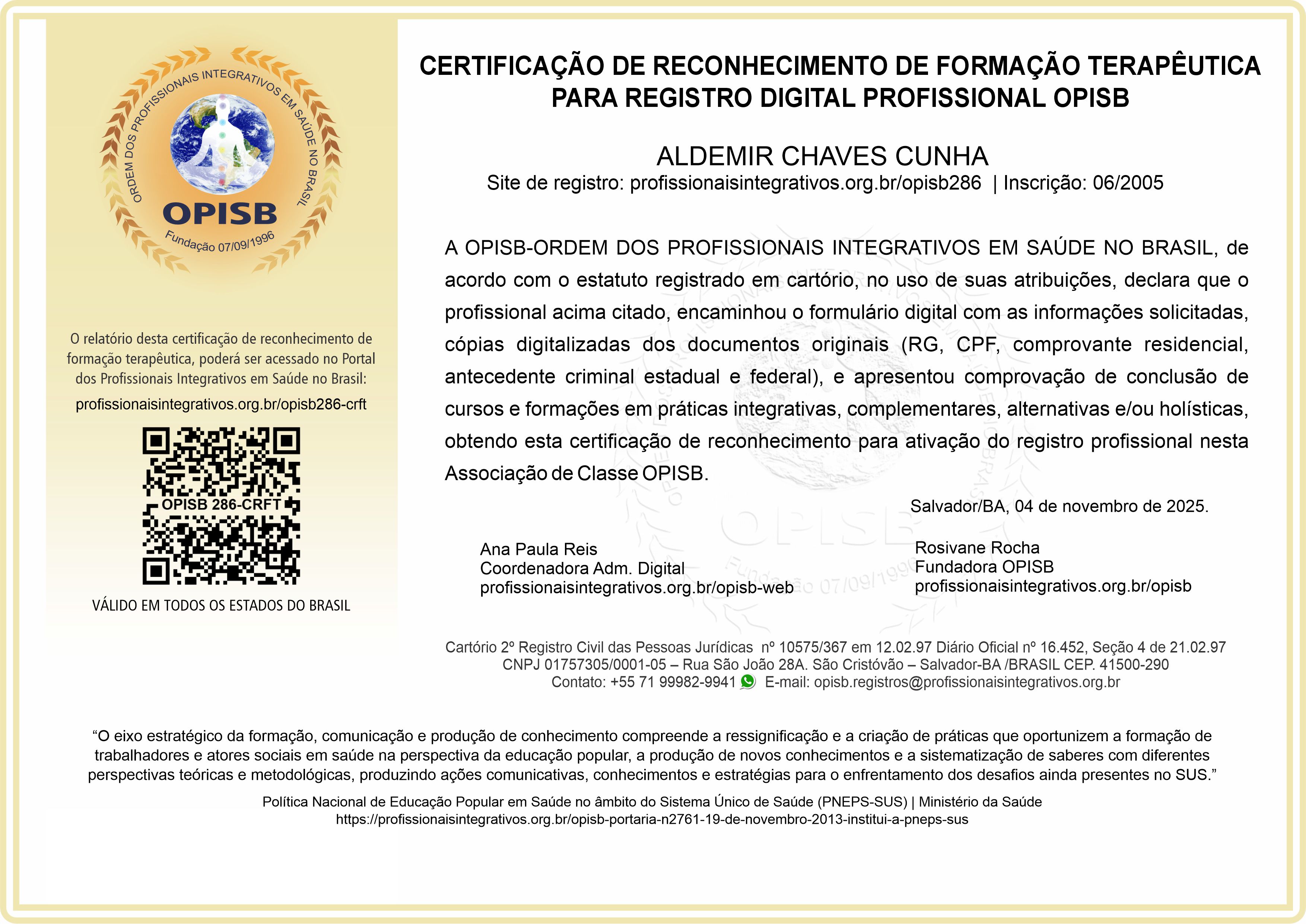 OPISB 286-CRFT Certificação de Reconhecimento de Formação Terapêutica