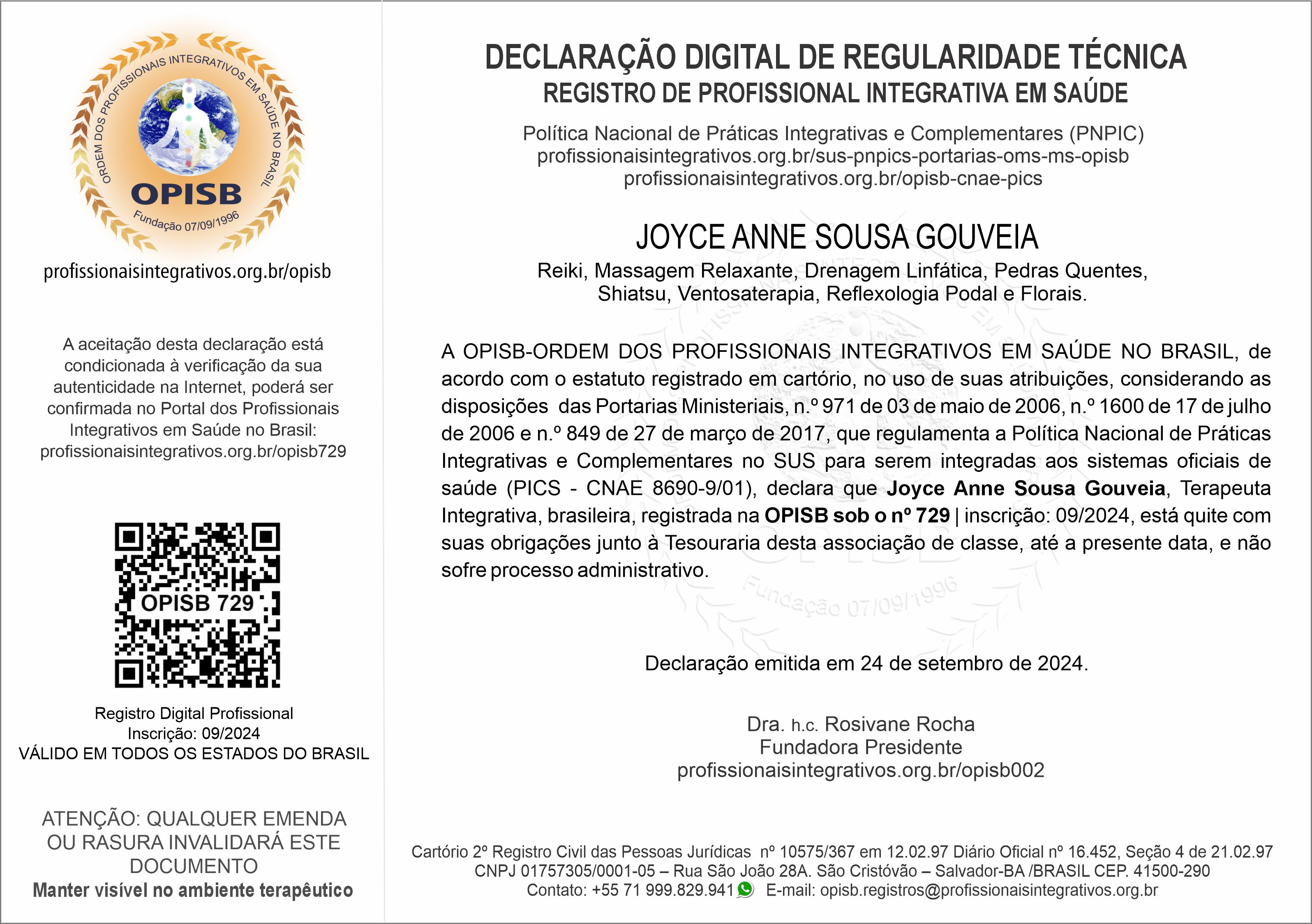 OPISB 729 Joyce Gouveia Declaração Digital de Regularidade Técnica