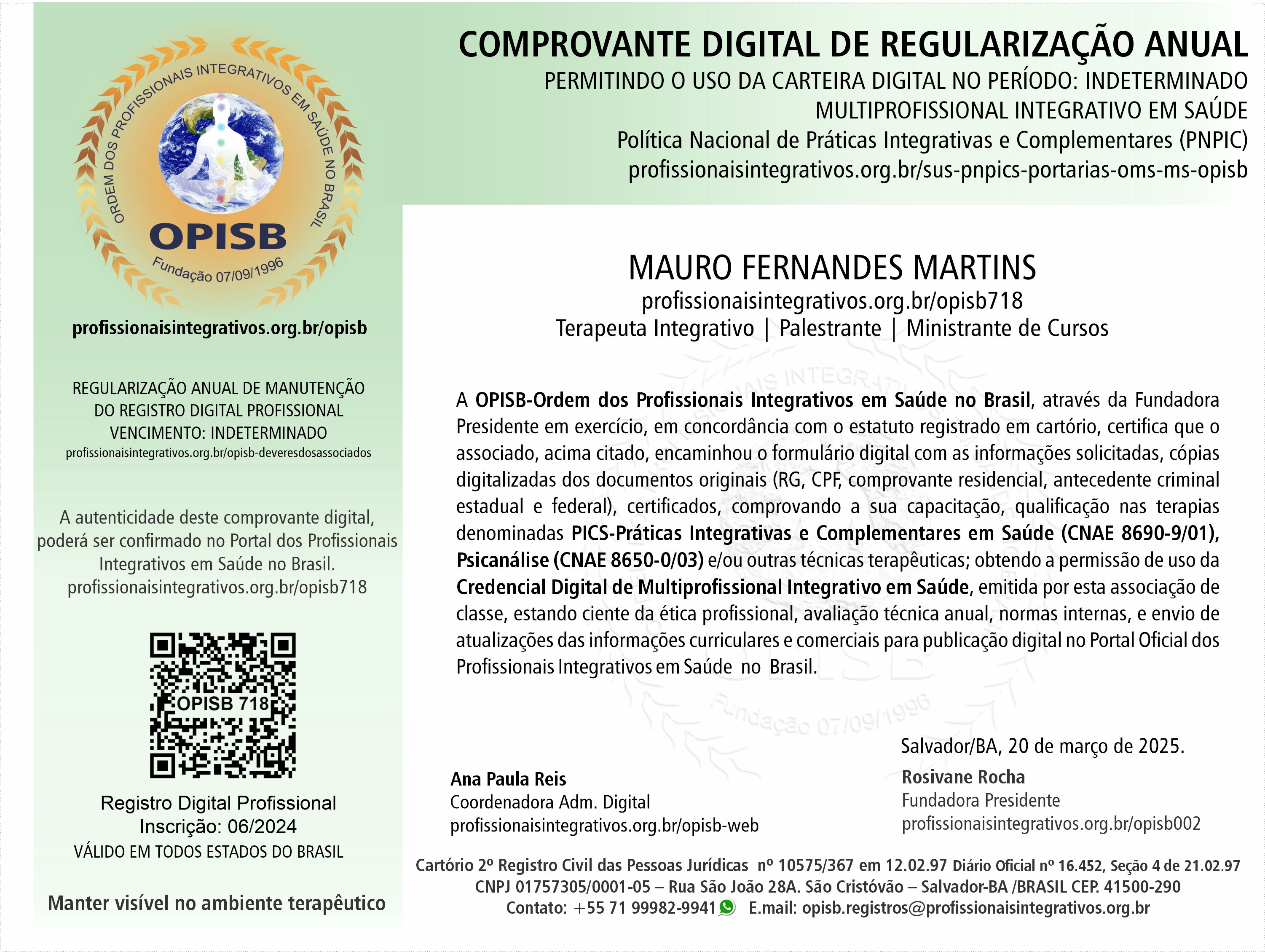 OPISB 718 Prof. Mauro Martins Comprovante Digital de Regularização Anual