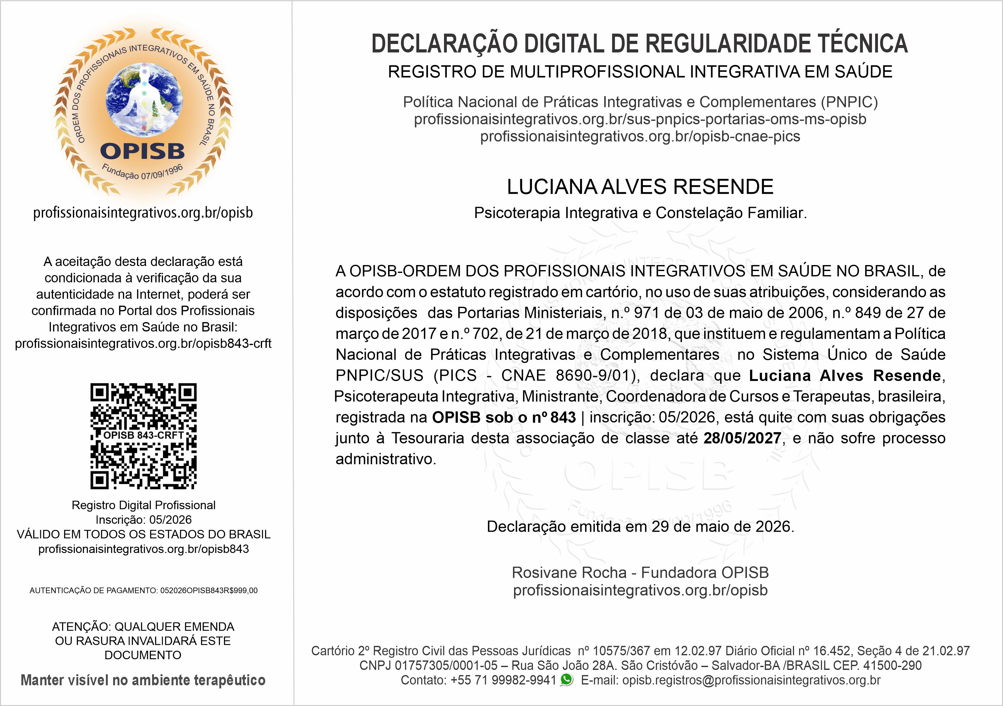 OPISB 843 Luciana Resende Declaração Digital de Regularidade Técnica