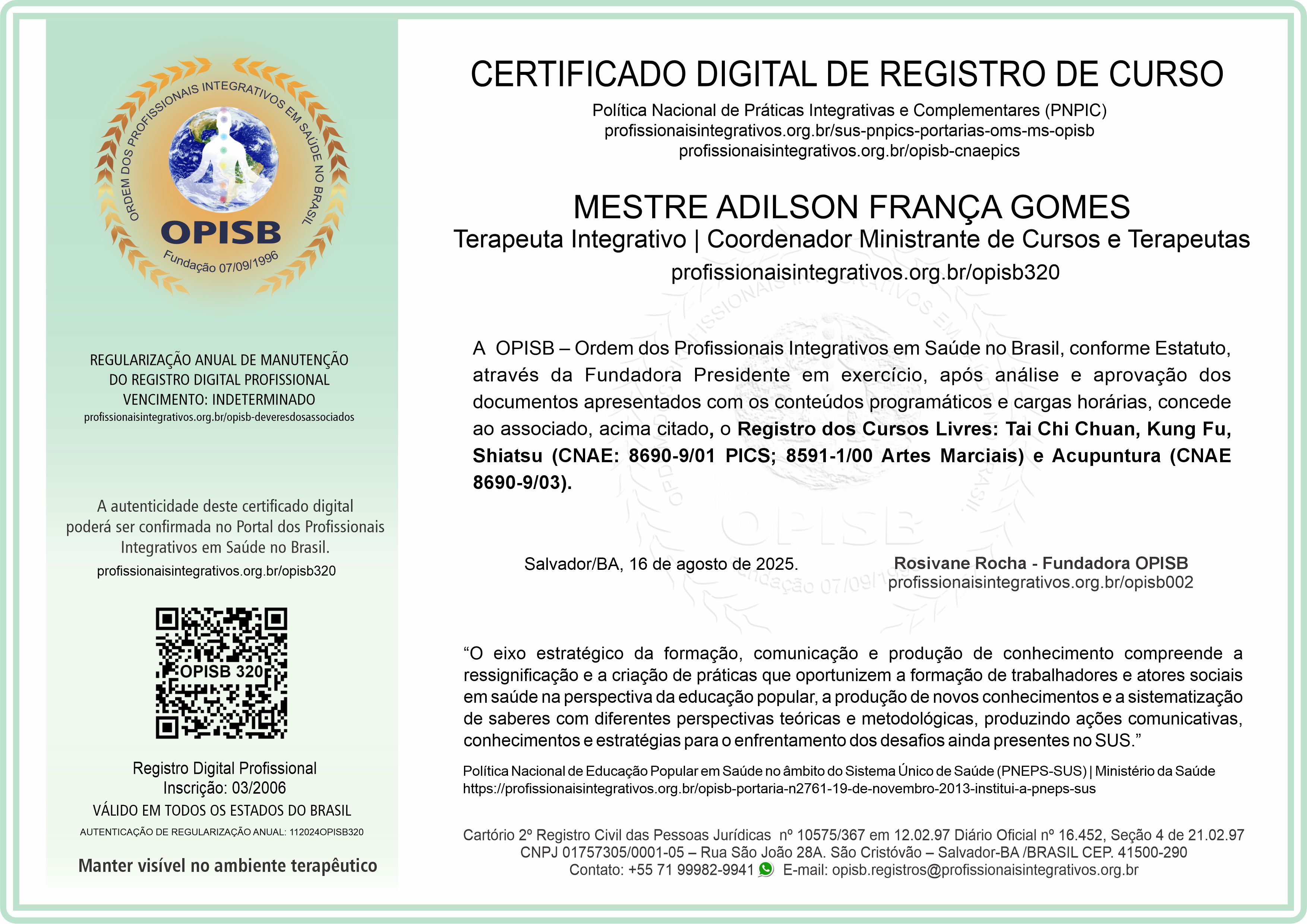 OPISB 320 Certificado de Registro de Cursos