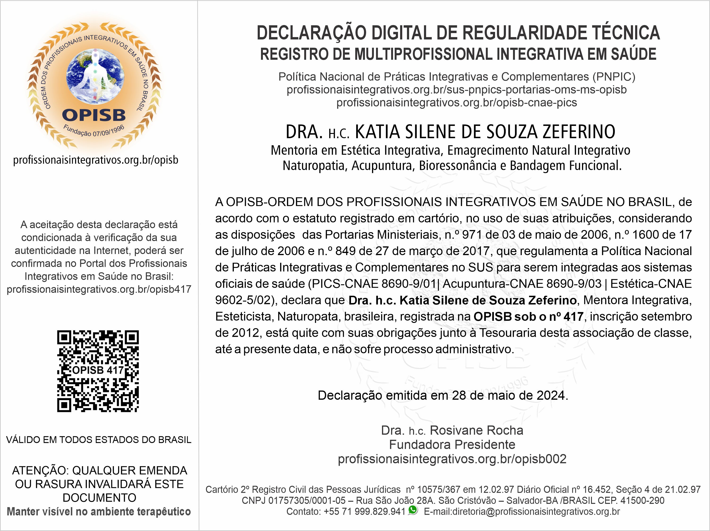 OPISB 417   Dra. Katia Zeferino Declaração Digital de Regularidade Técnica