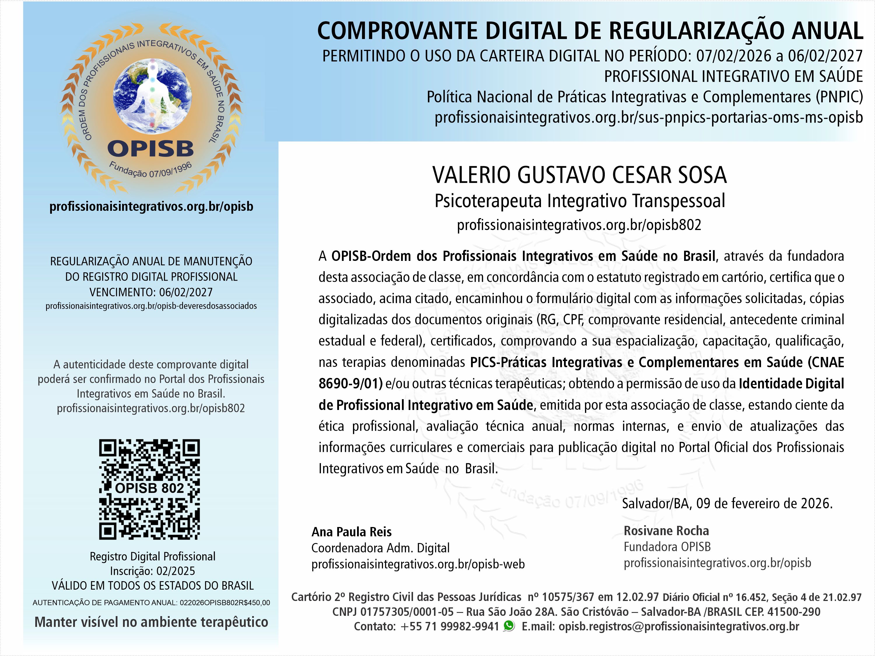 OPISB 802 Valerio Gustavo Cesar Sosa  Comprovante Digital de Regularização Anual