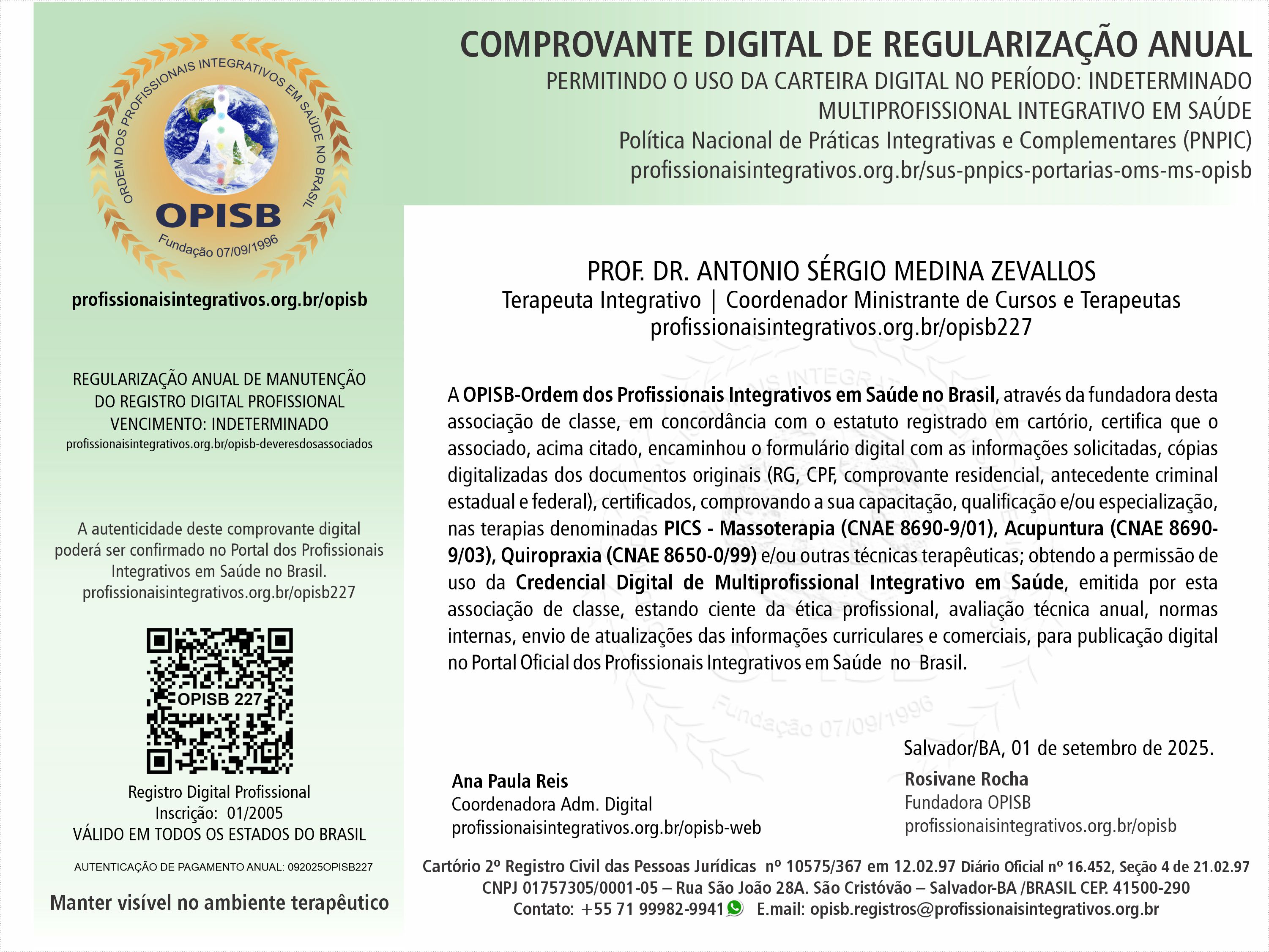 OPISB 227 Prof. Dr. Sérgio Medina Comprovante Digital de Regularização Anual