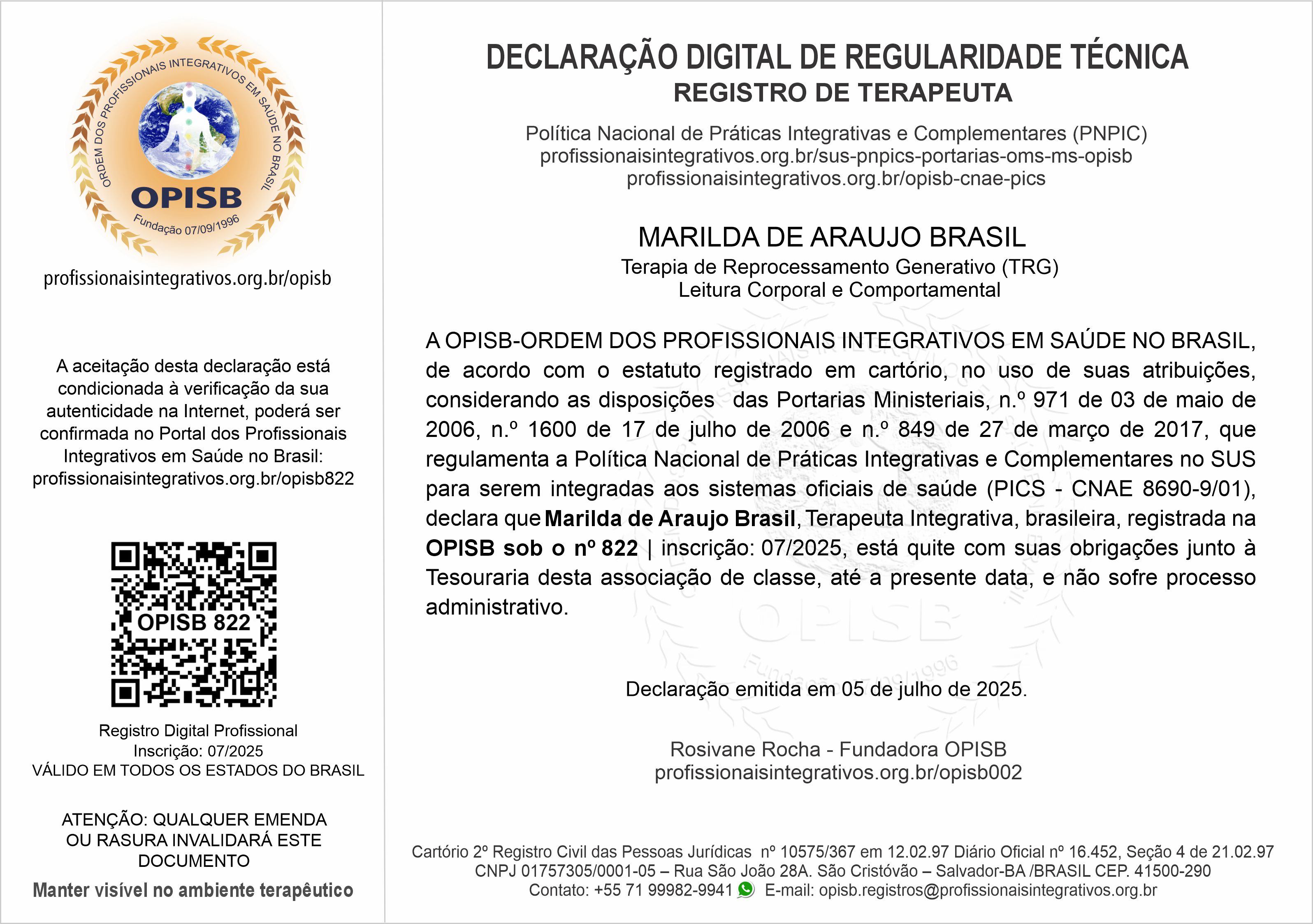 OPISB 822 Marilda de Araujo Brasil Declaração Digital de Regularidade Técnica